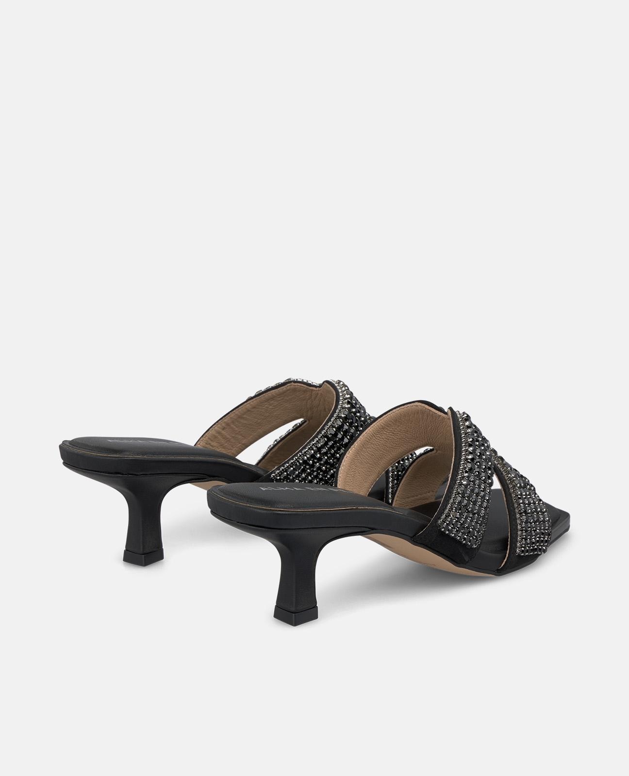 Sandalias de tacón de mujer con tira en forma de xcon pedrería y puntera cuadrada - Negro Negro-3