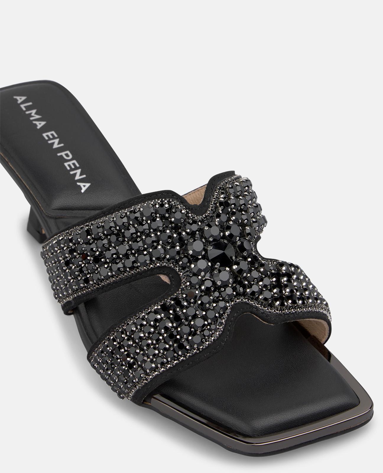 Sandalias de tacón de mujer con tira en forma de xcon pedrería y puntera cuadrada - Negro Negro-5