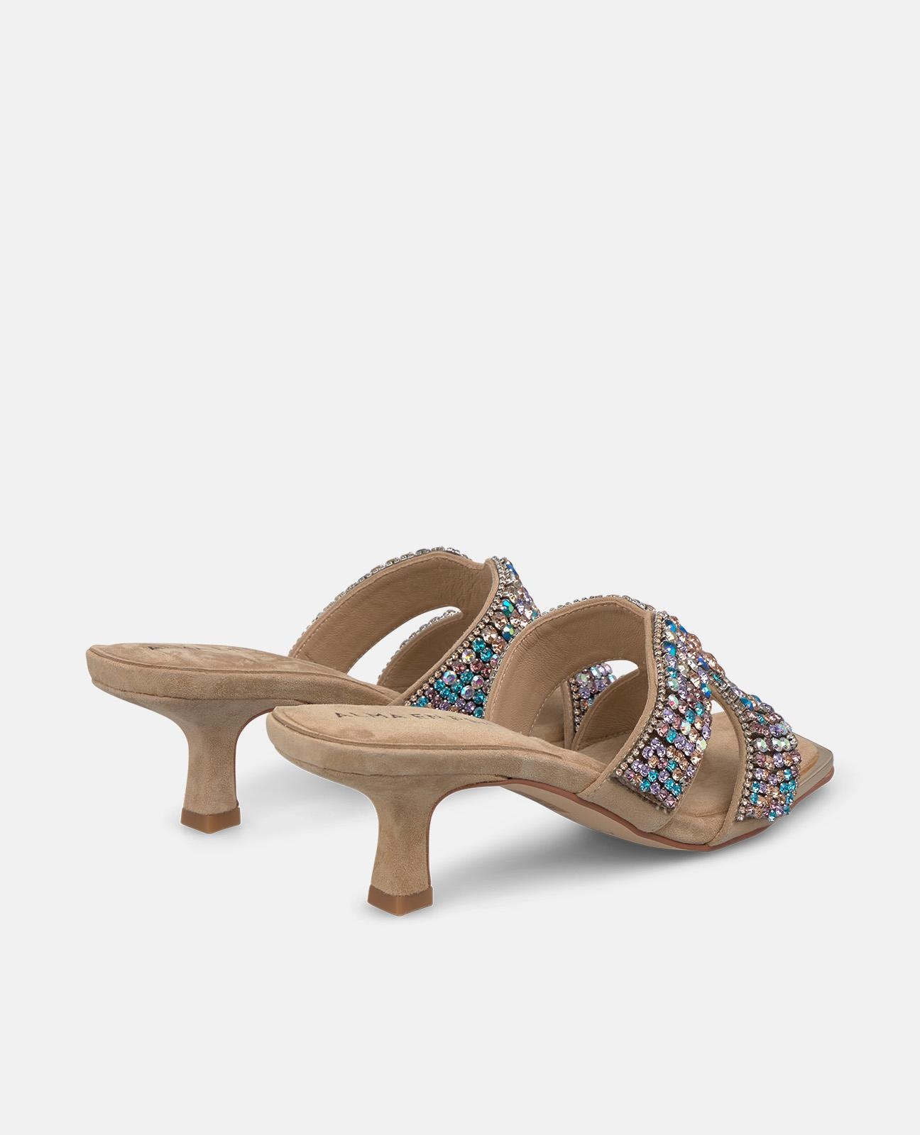 Sandalias de tacón de mujer con tira en forma de xcon pedrería y puntera cuadrada - Arena Arena-3