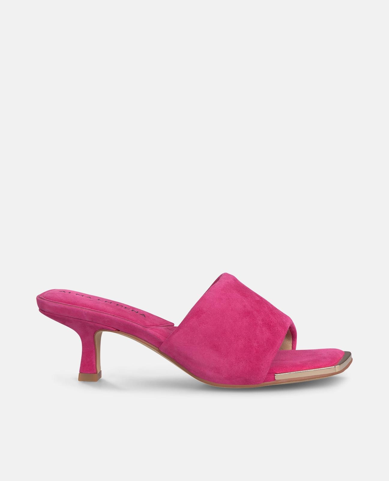 Sandalias de pala de mujer en piel con tacón y punta cuadrada - Fucsia Fucsia-1