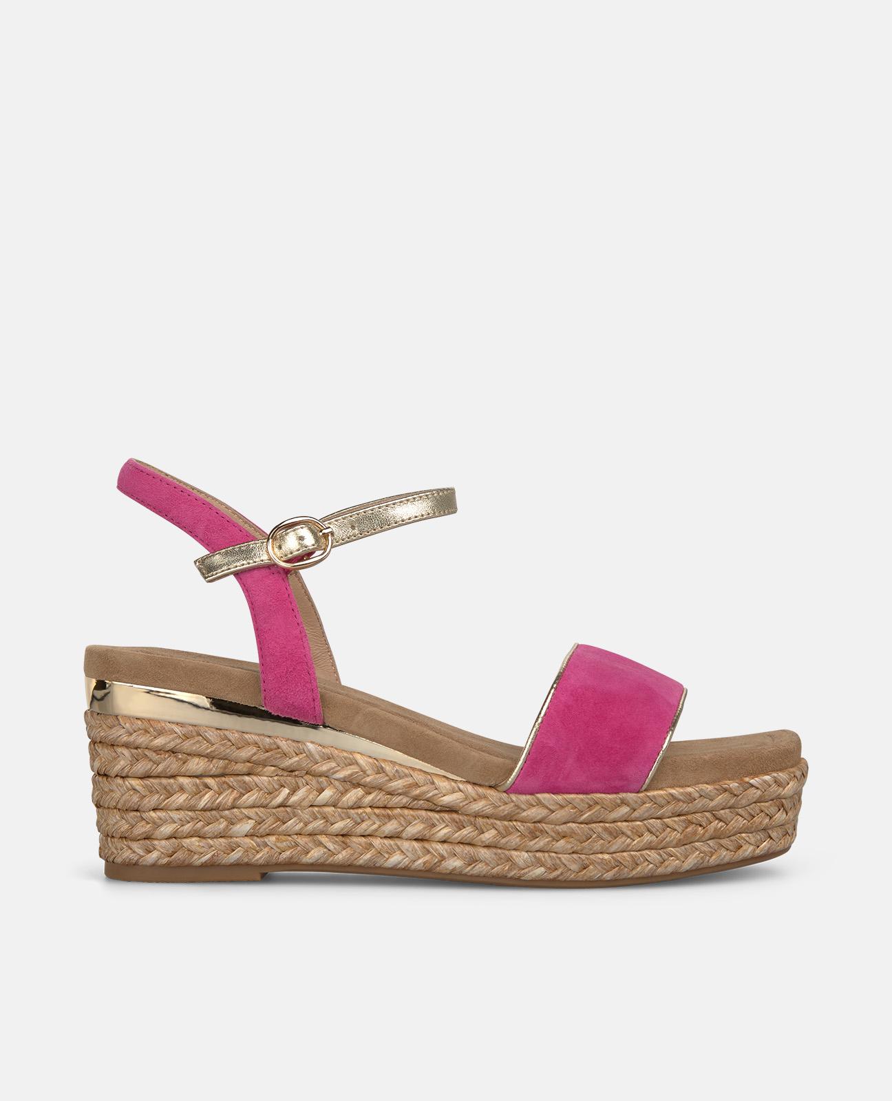 Sandalias de cuña de mujer de esparto con tira ancha en la parte frontal - Fucsia Fucsia-1