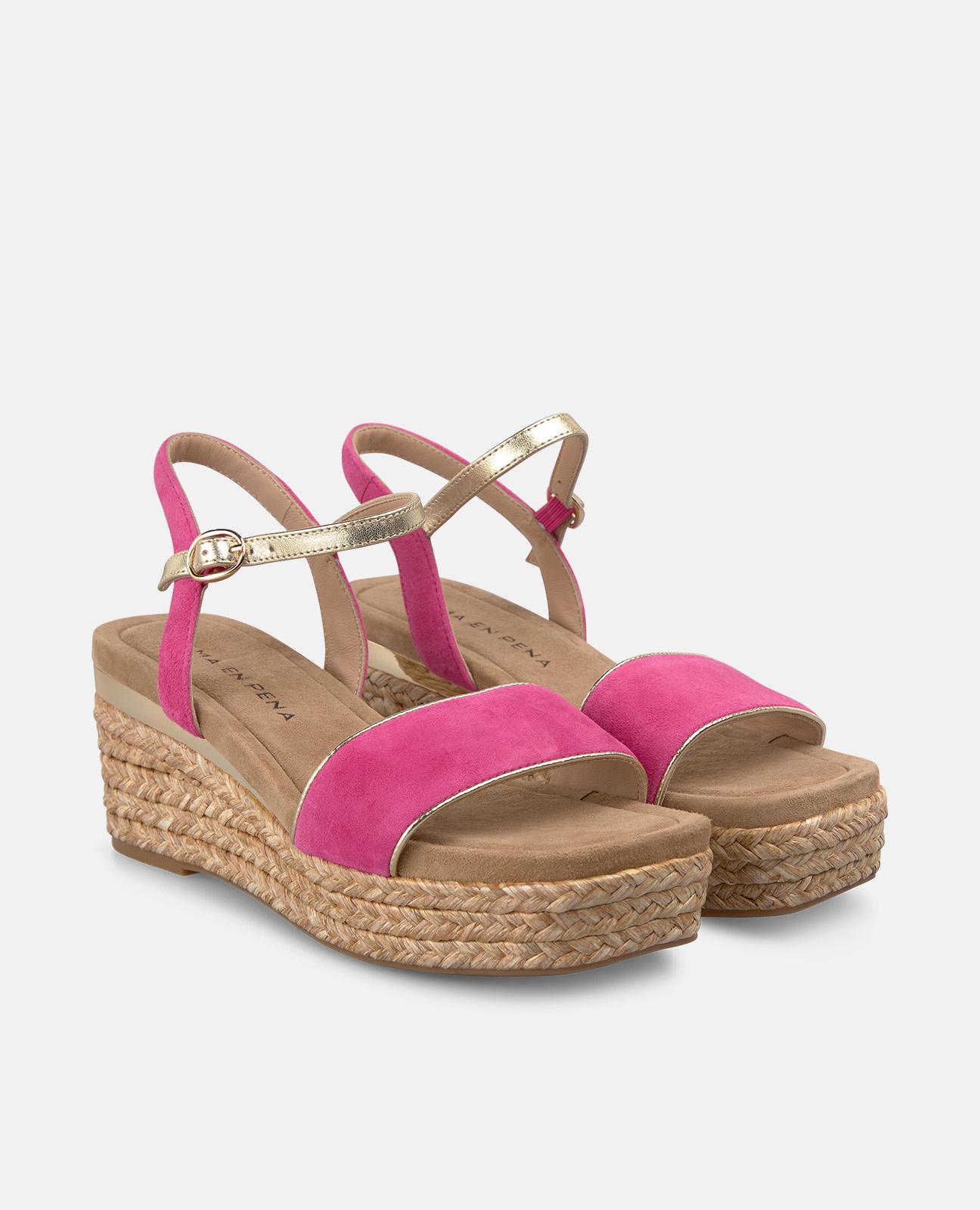 Sandalias de cuña de mujer de esparto con tira ancha en la parte frontal - Fucsia Fucsia-4