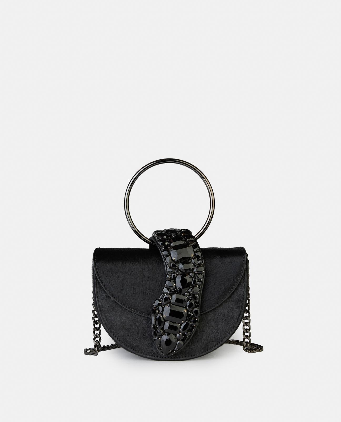 Bolso de mano media luna convertible a bandolera de piel con pedrería - Alma en Pena - Negro Negro-1