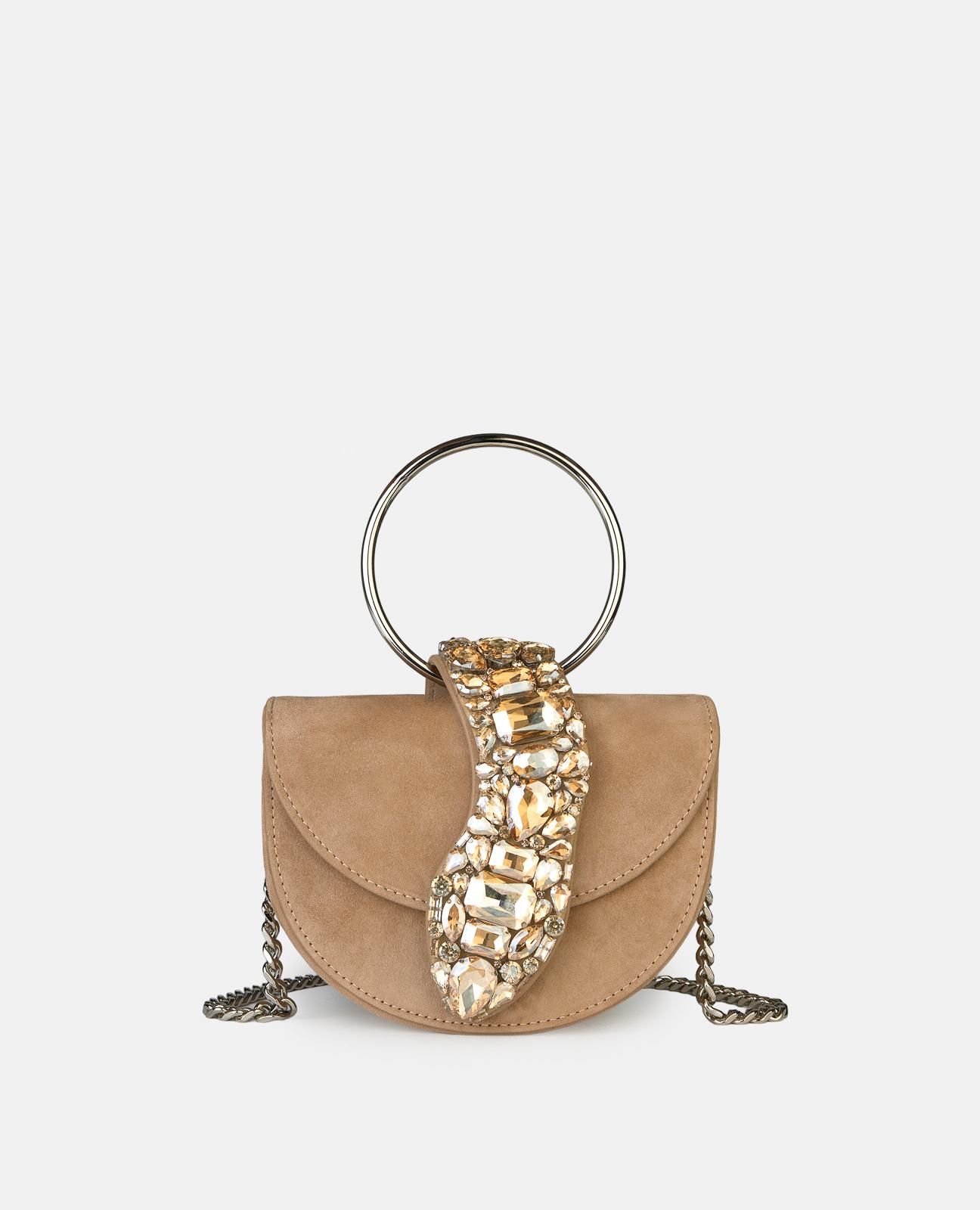 Bolso de mano media luna convertible a bandolera de piel con pedrería - Alma en Pena - Camel Camel-1