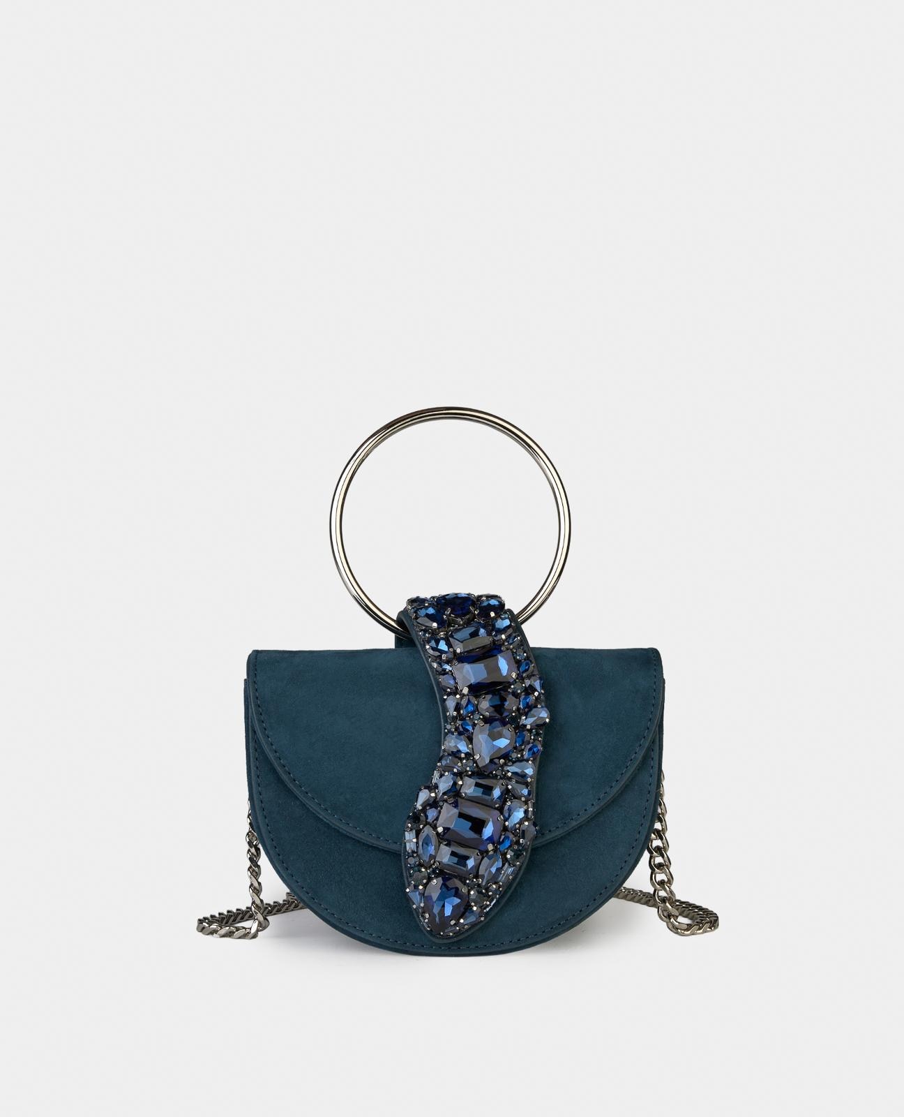 Bolso de mano media luna convertible a bandolera de piel con pedrería - Alma en Pena - Azul marino Azul marino-1
