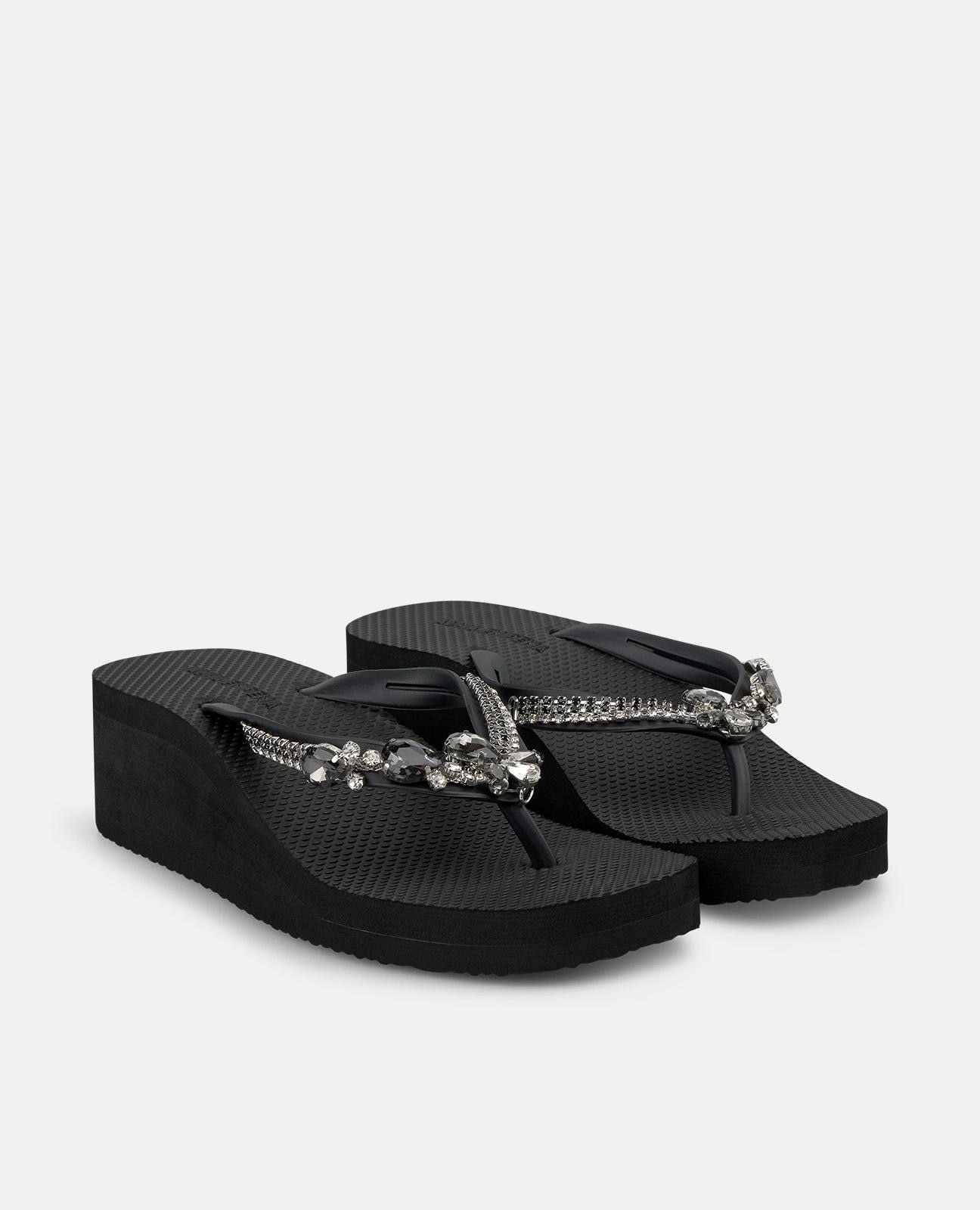 Sandalias de dedo de mujer de baño con plataforma y tira en t con detalle pedrería - Alma en Pena - Negro Negro-3