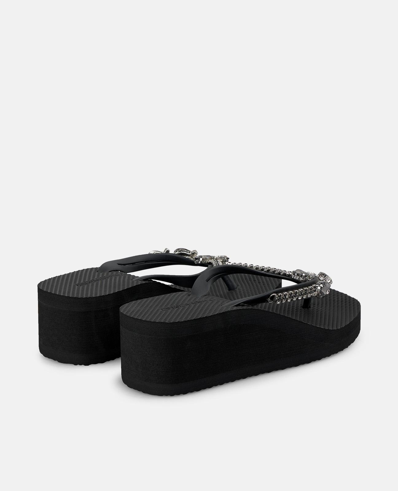 Sandalias de dedo de mujer de baño con plataforma y tira en t con detalle pedrería - Alma en Pena - Negro Negro-2
