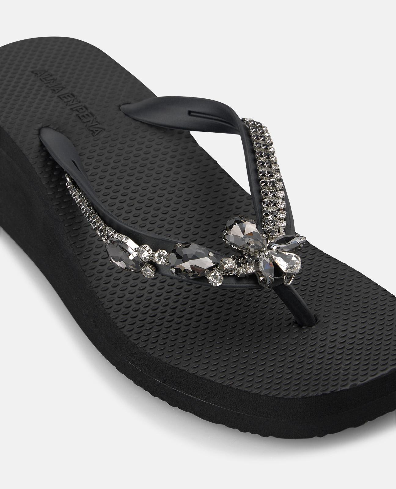 Sandalias de dedo de mujer de baño con plataforma y tira en t con detalle pedrería - Alma en Pena - Negro Negro-4
