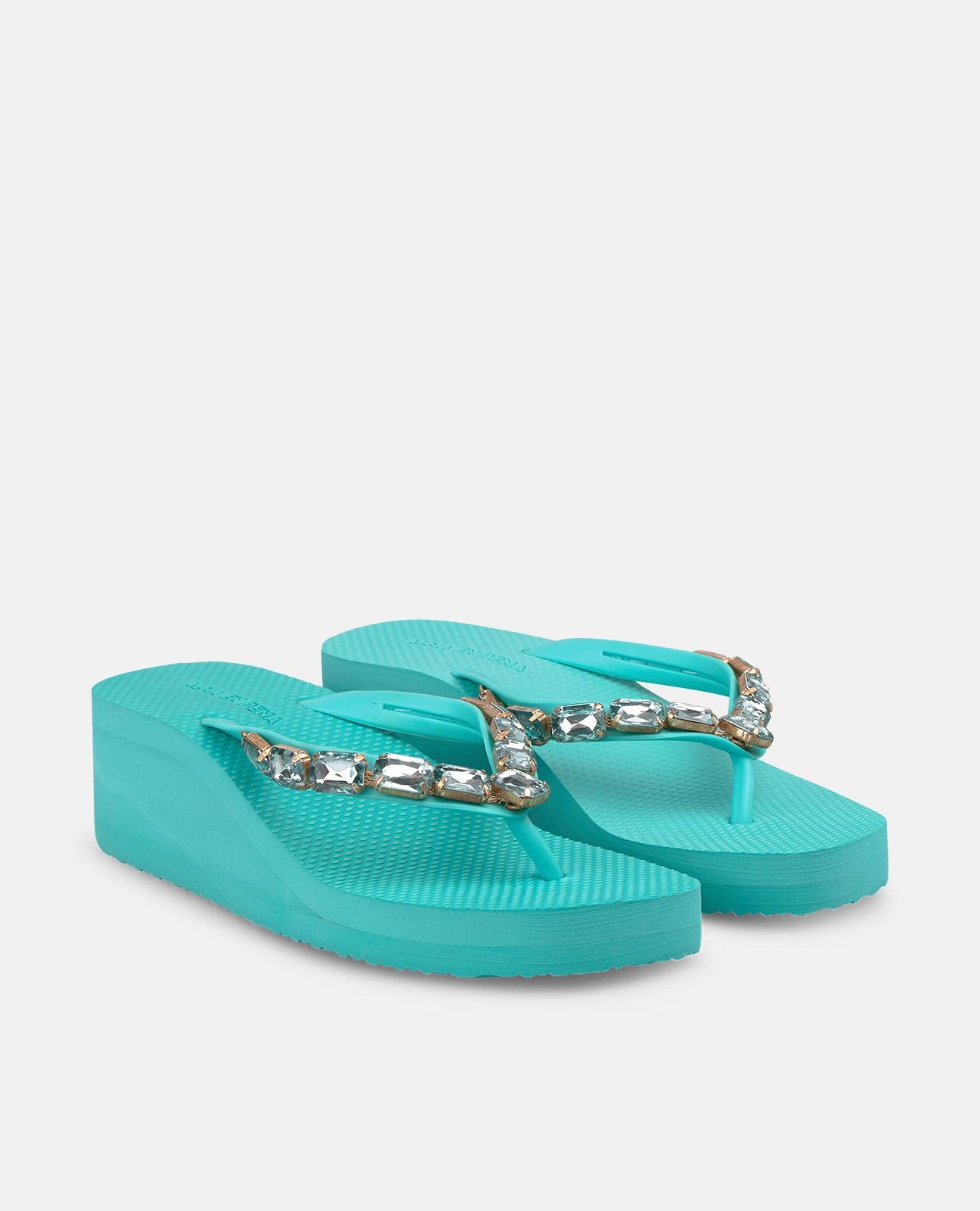 Sandalias de dedo de mujer de baño con plataforma y tira en t con detalle pedrería - Alma en Pena - Turquesa Turquesa-3