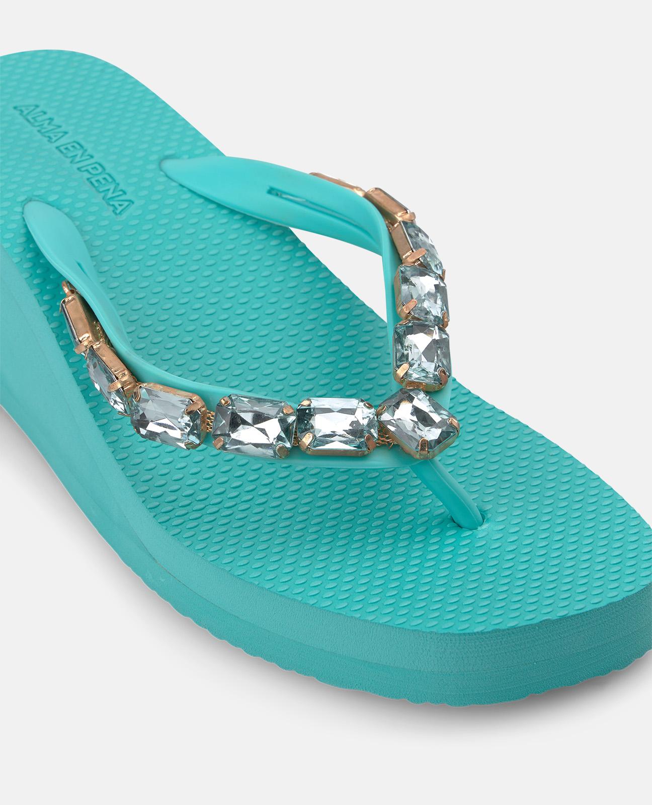 Sandalias de dedo de mujer de baño con plataforma y tira en t con detalle pedrería - Alma en Pena - Turquesa Turquesa-4