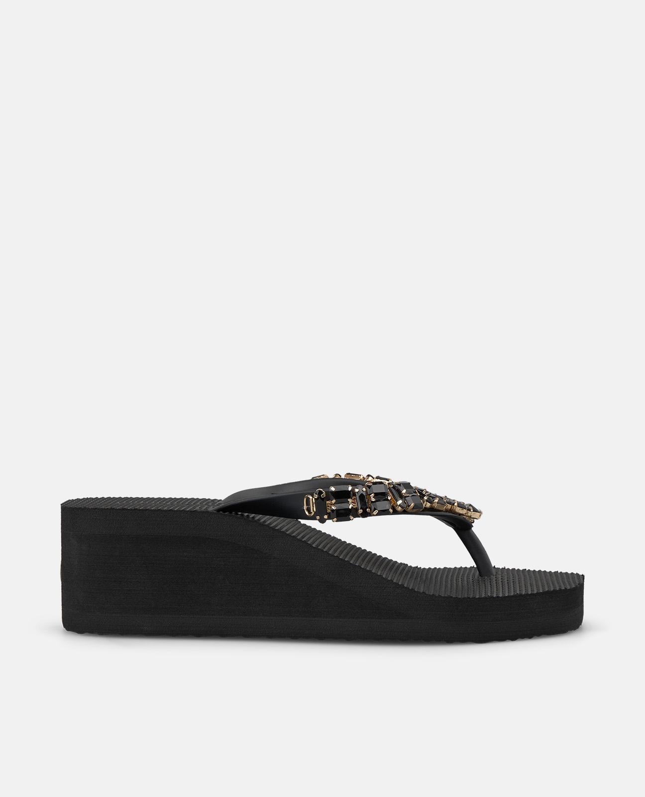Sandalias de dedo de mujer de baño con plataforma y tira en t con detalle pedrería - Alma en Pena - Negro Negro-1