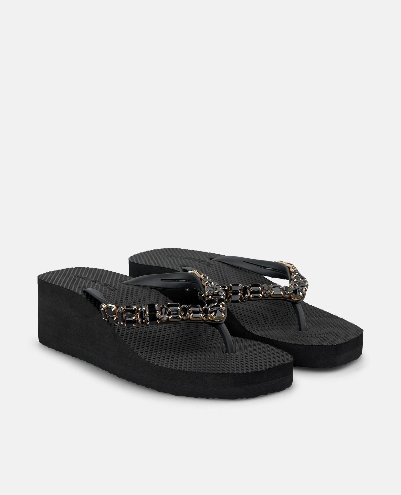 Sandalias de dedo de mujer de baño con plataforma y tira en t con detalle pedrería - Alma en Pena - Negro Negro-3