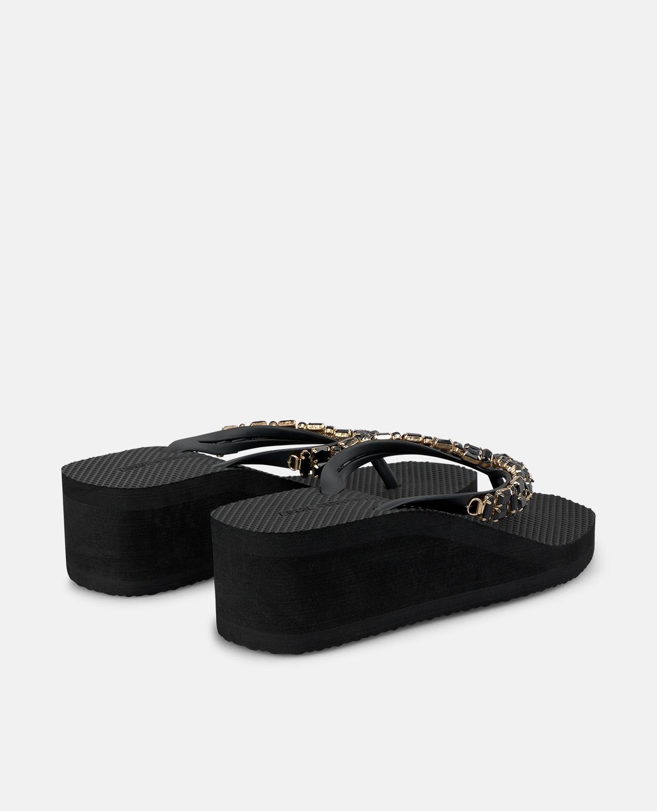 Sandalias de dedo de mujer de baño con plataforma y tira en t con detalle pedrería - Alma en Pena - Negro Negro-2