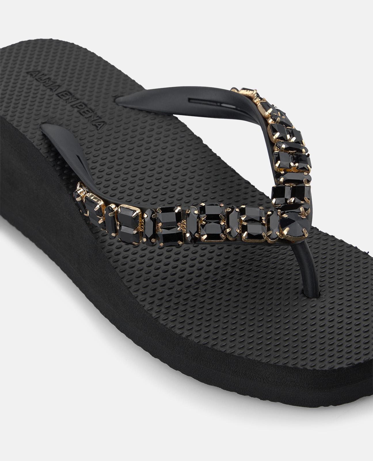 Sandalias de dedo de mujer de baño con plataforma y tira en t con detalle pedrería - Alma en Pena - Negro Negro-4