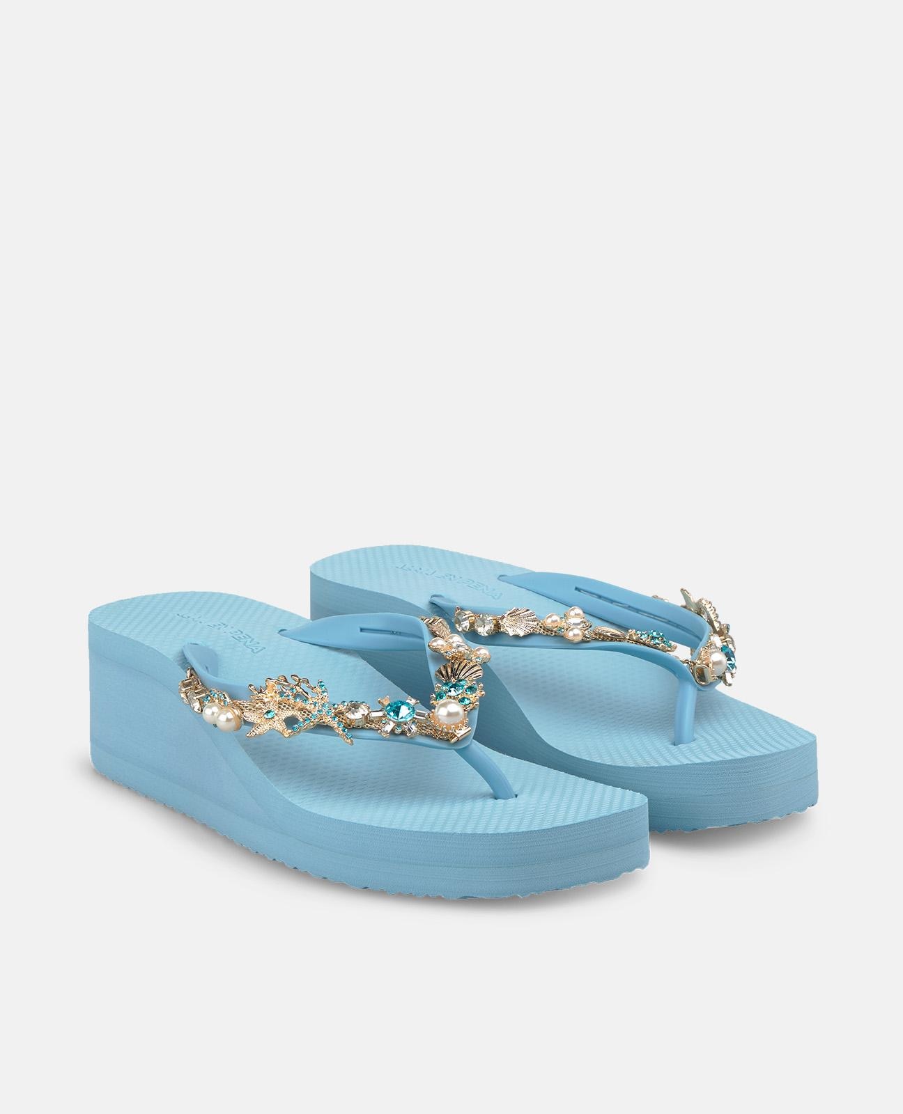 Sandalias de dedo de mujer de baño con plataforma y tira en t con detalle pedrería - Alma en Pena - Azul Azul-3