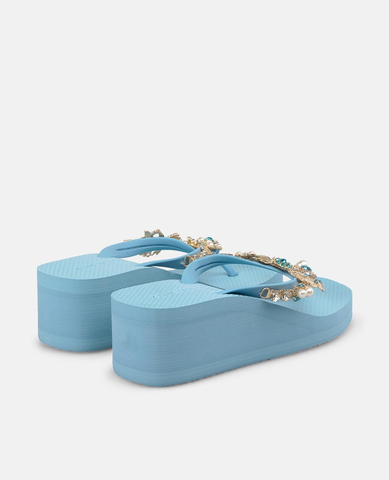 Sandalias de dedo de mujer de baño con plataforma y tira en t con detalle pedrería - Alma en Pena - Azul Azul-2