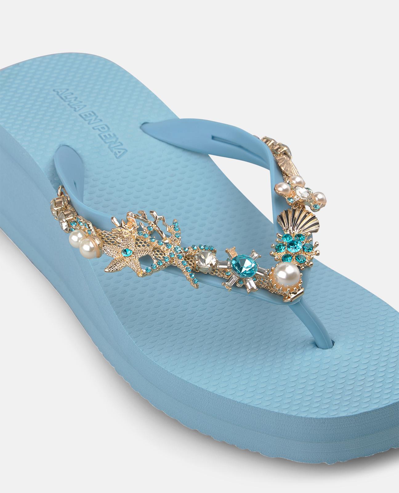 Sandalias de dedo de mujer de baño con plataforma y tira en t con detalle pedrería - Alma en Pena - Azul Azul-4