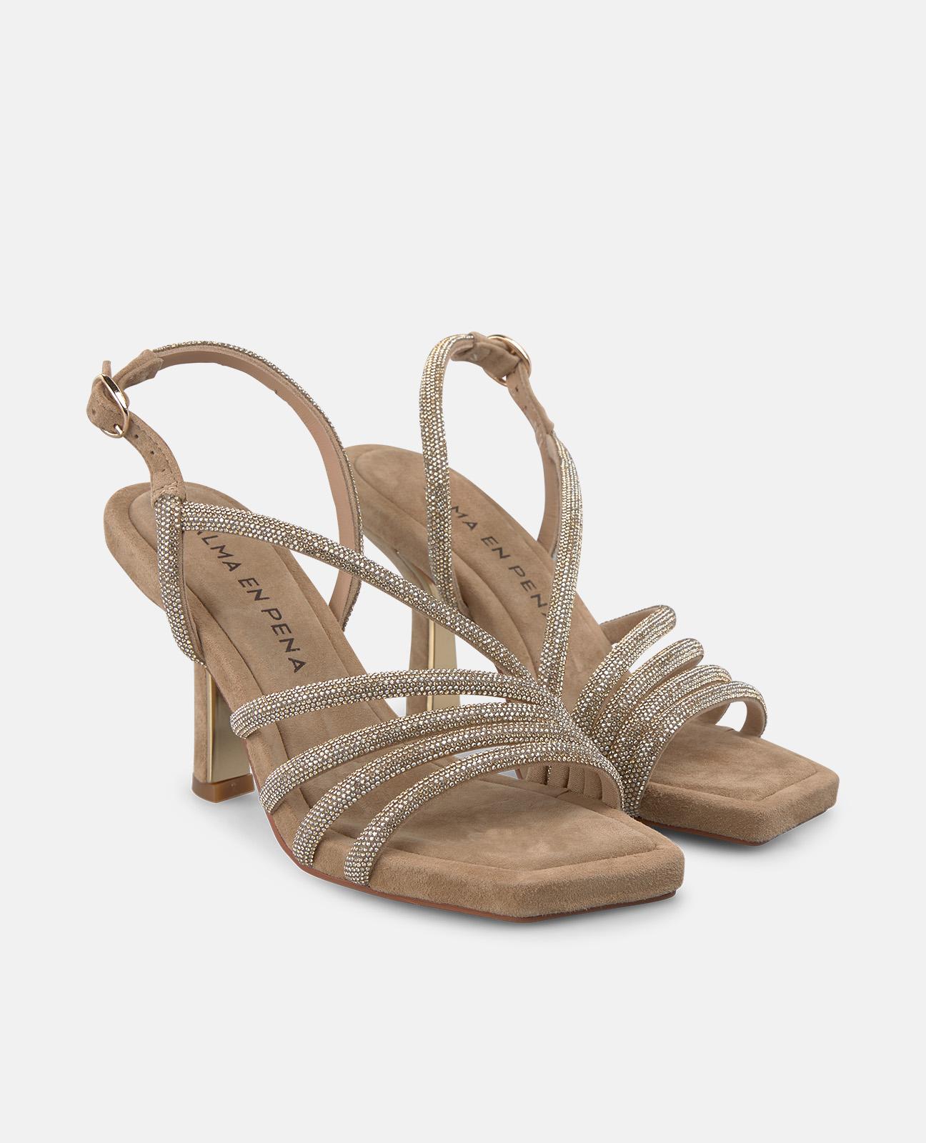 Sandalias de tacón de mujer en piel con tiras tubulares de transfer - Alma en Pena - Arena Arena-4