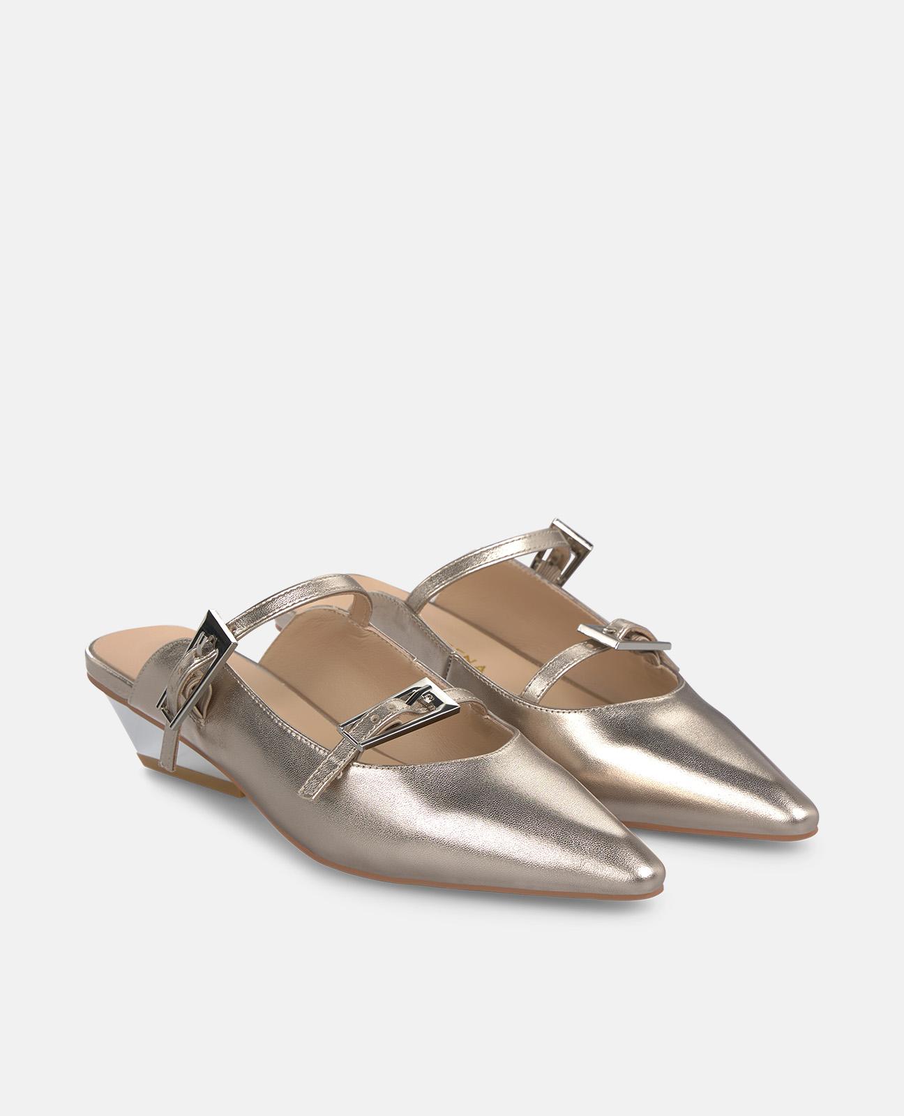 Mules con tacón de mujer efecto metalizado con hebillas - Alma en Pena - Oro Oro-3
