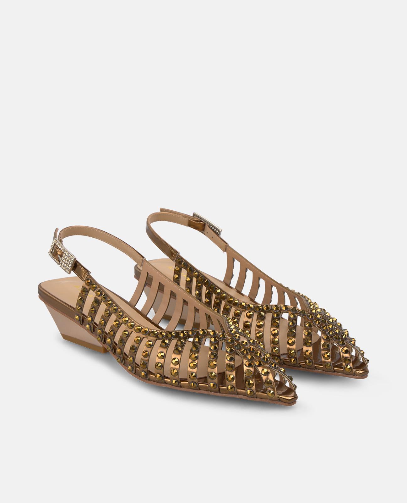 Zapatos de salón de mujer destalonados con rejilla con pedrería y cierre de hebilla - Oro Oro-4