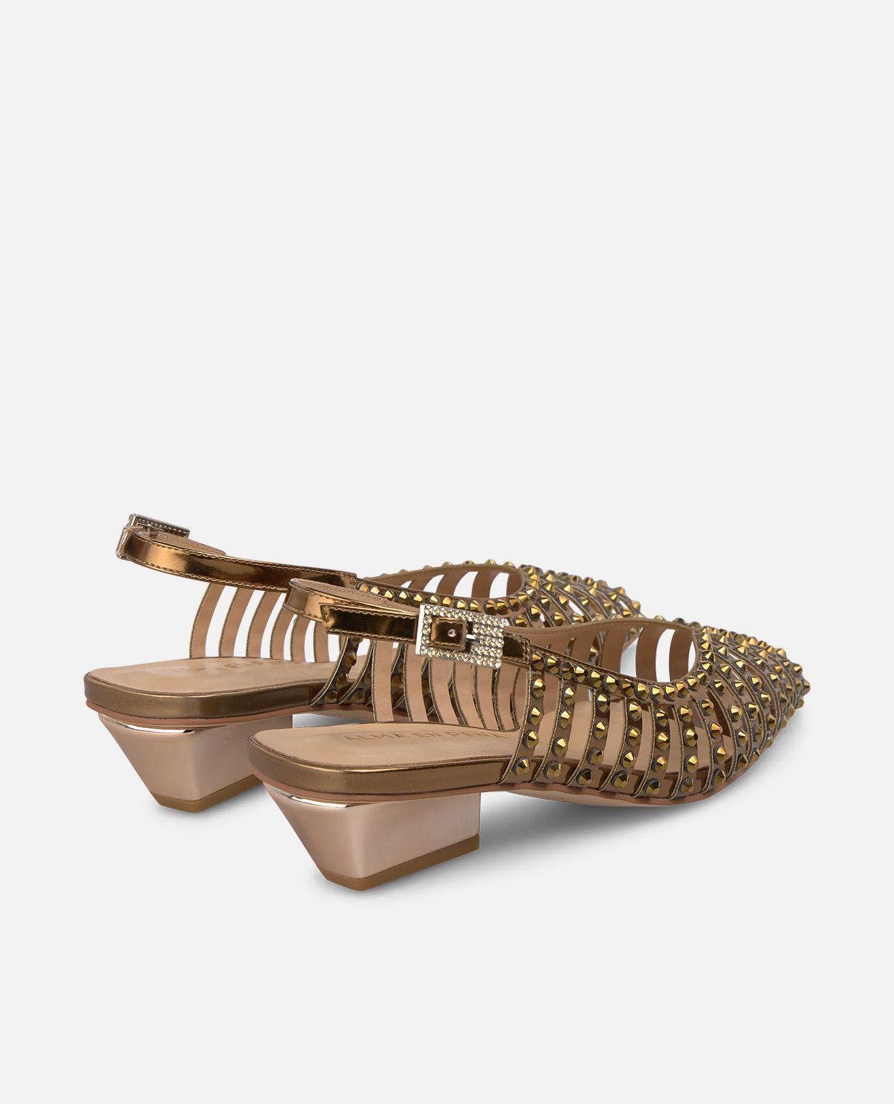 Zapatos de salón de mujer destalonados con rejilla con pedrería y cierre de hebilla - Oro Oro-3