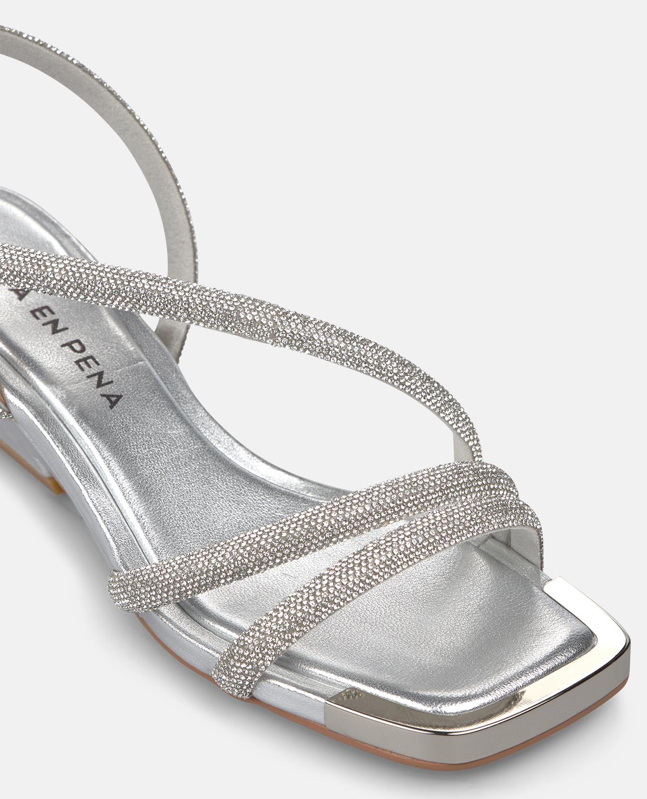 Sandalias de cuña de mujer con tiras tubulares de transfer y cierre de hebilla - Alma en Pena - Plata Plata-5