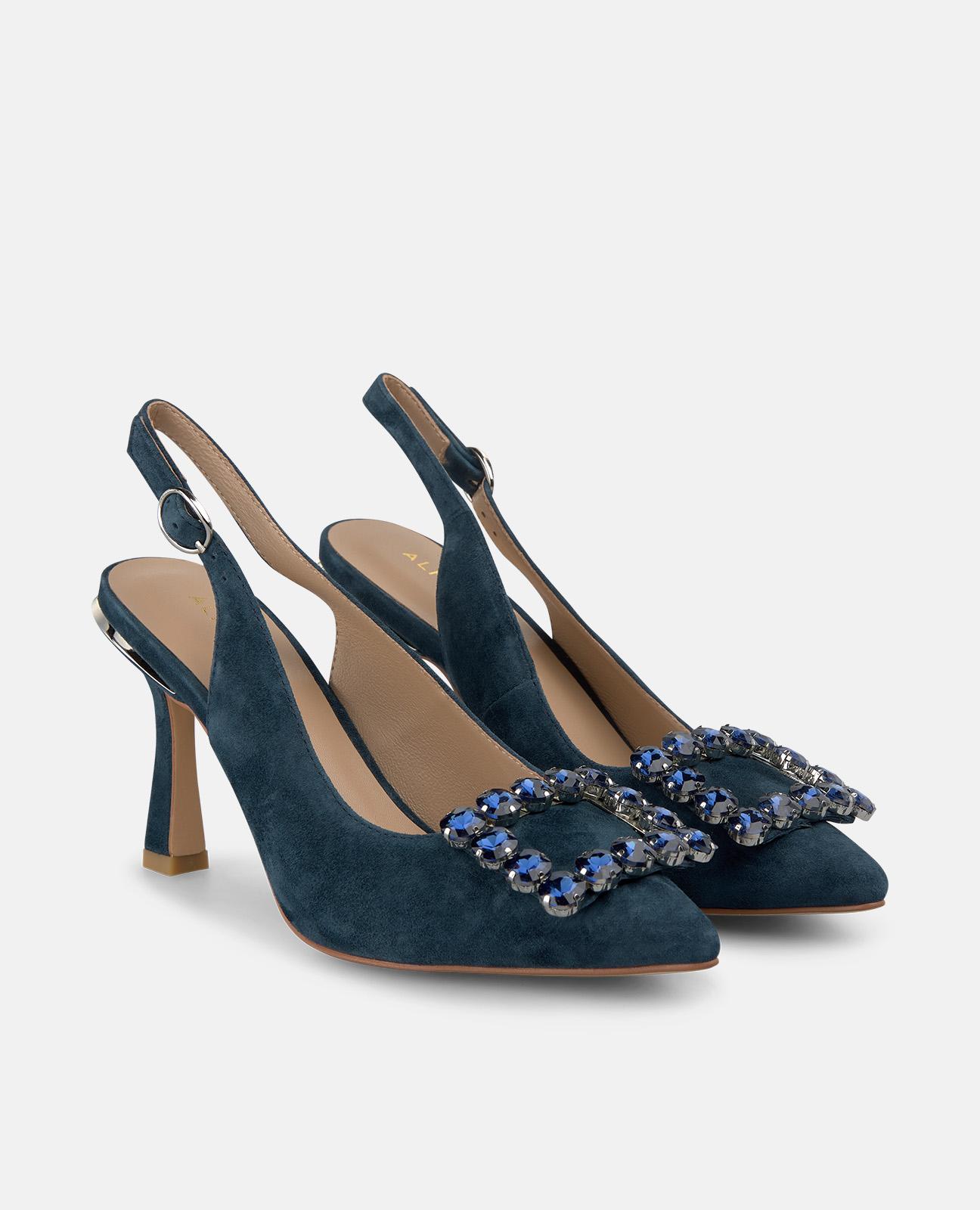 Zapatos de salón de mujer destalonados de piel con detalle joya - Azul marino Azul marino-4