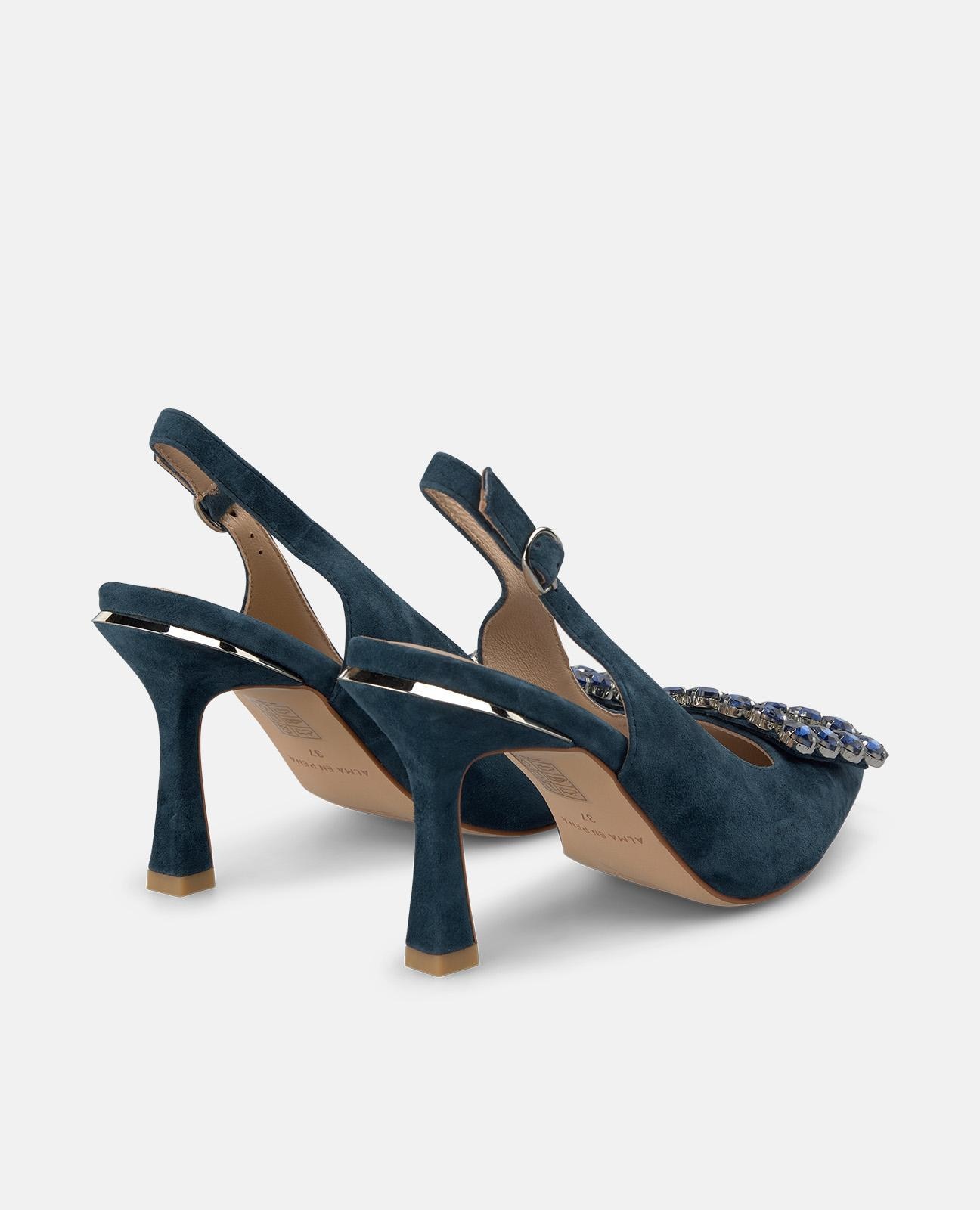 Zapatos de salón de mujer destalonados de piel con detalle joya - Azul marino Azul marino-3