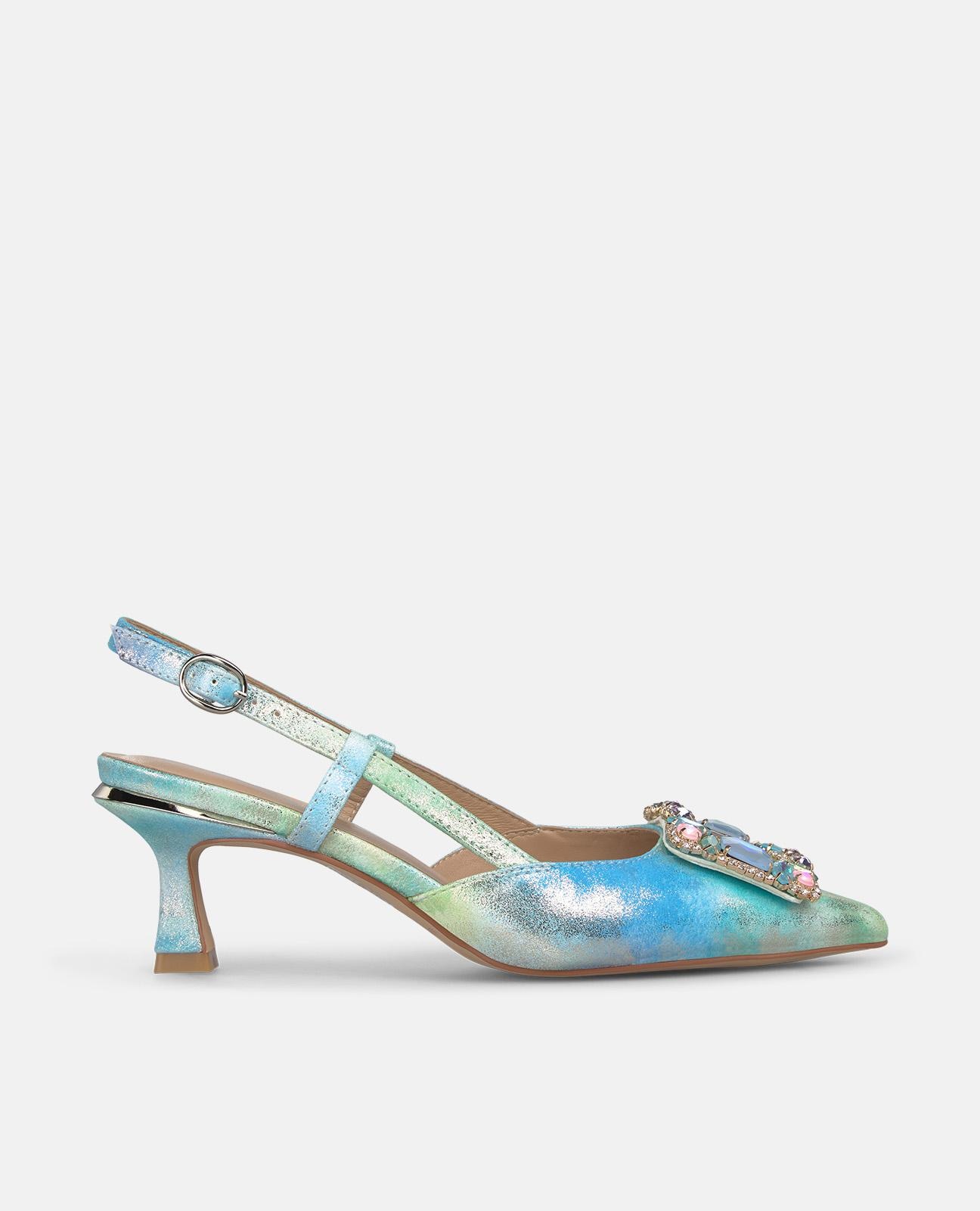 Alma en Pena - Zapatos de salón de mujer destalonados de piel efecto fantasia con detalle joya.