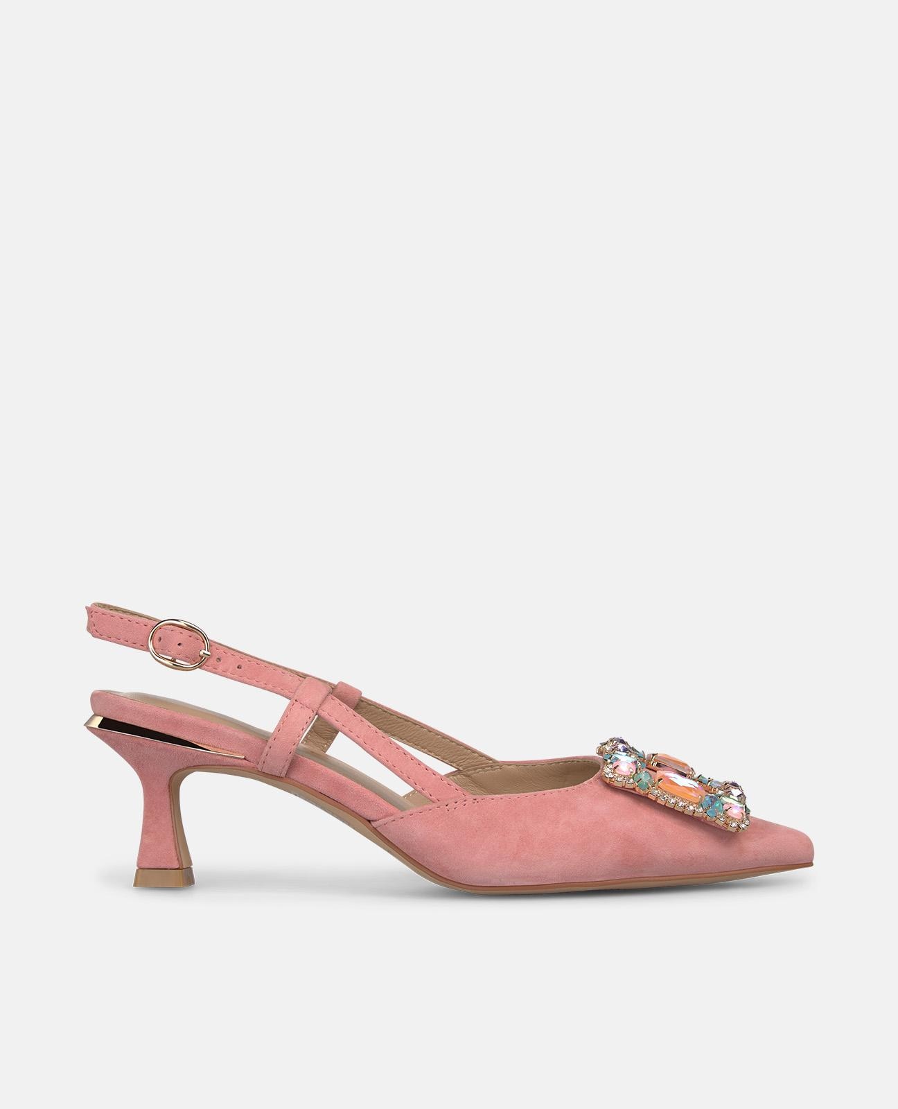 Zapatos de salón de mujer destalonados de piel con detalle joya - Alma en Pena - Salmón Salmón-1