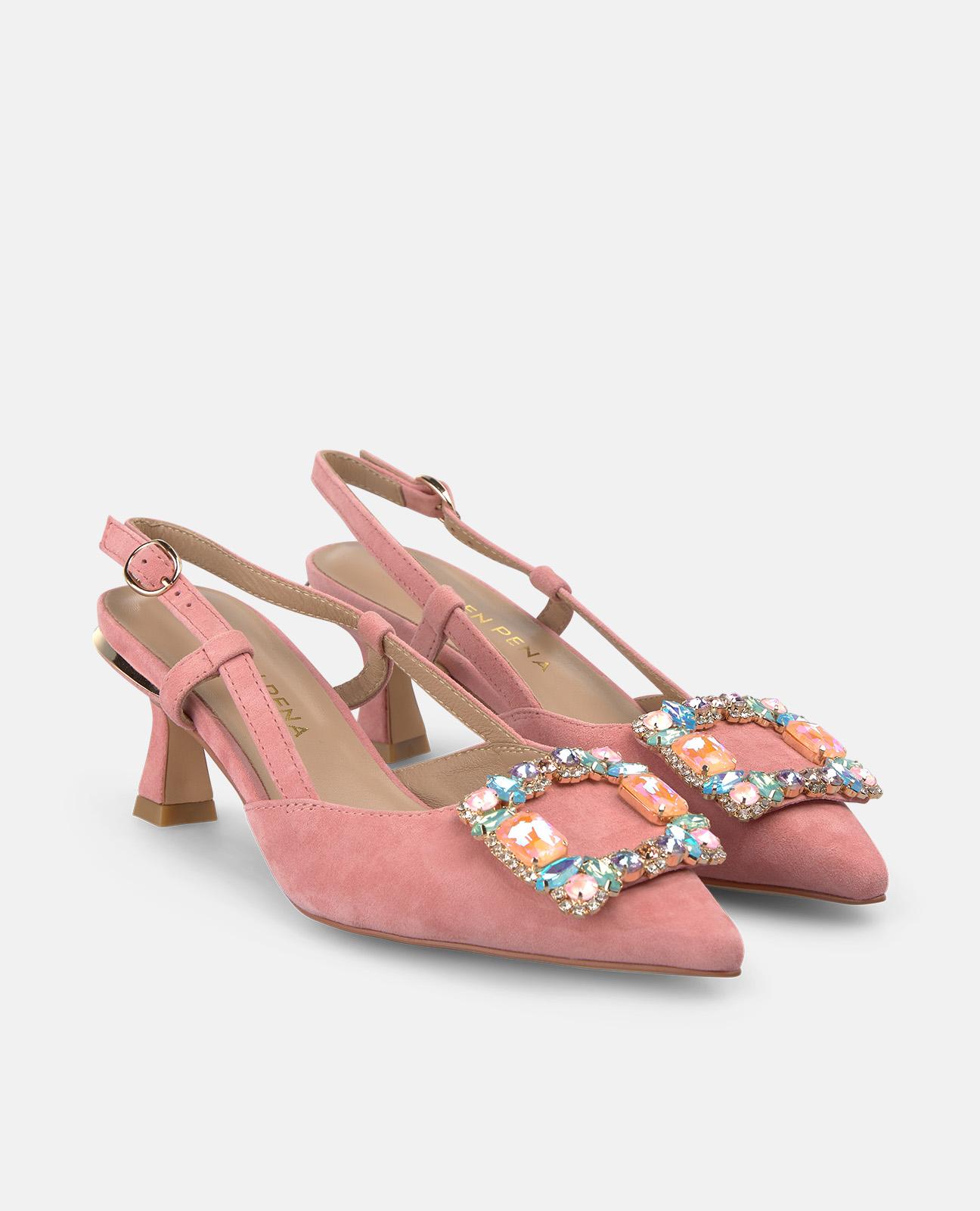 Zapatos de salón de mujer destalonados de piel con detalle joya - Alma en Pena - Salmón Salmón-4