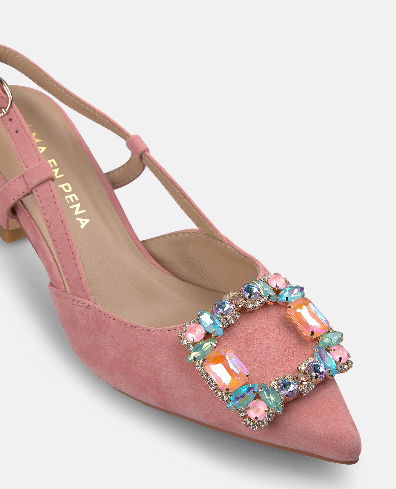 Zapatos de salón de mujer destalonados de piel con detalle joya - Alma en Pena - Salmón Salmón-5
