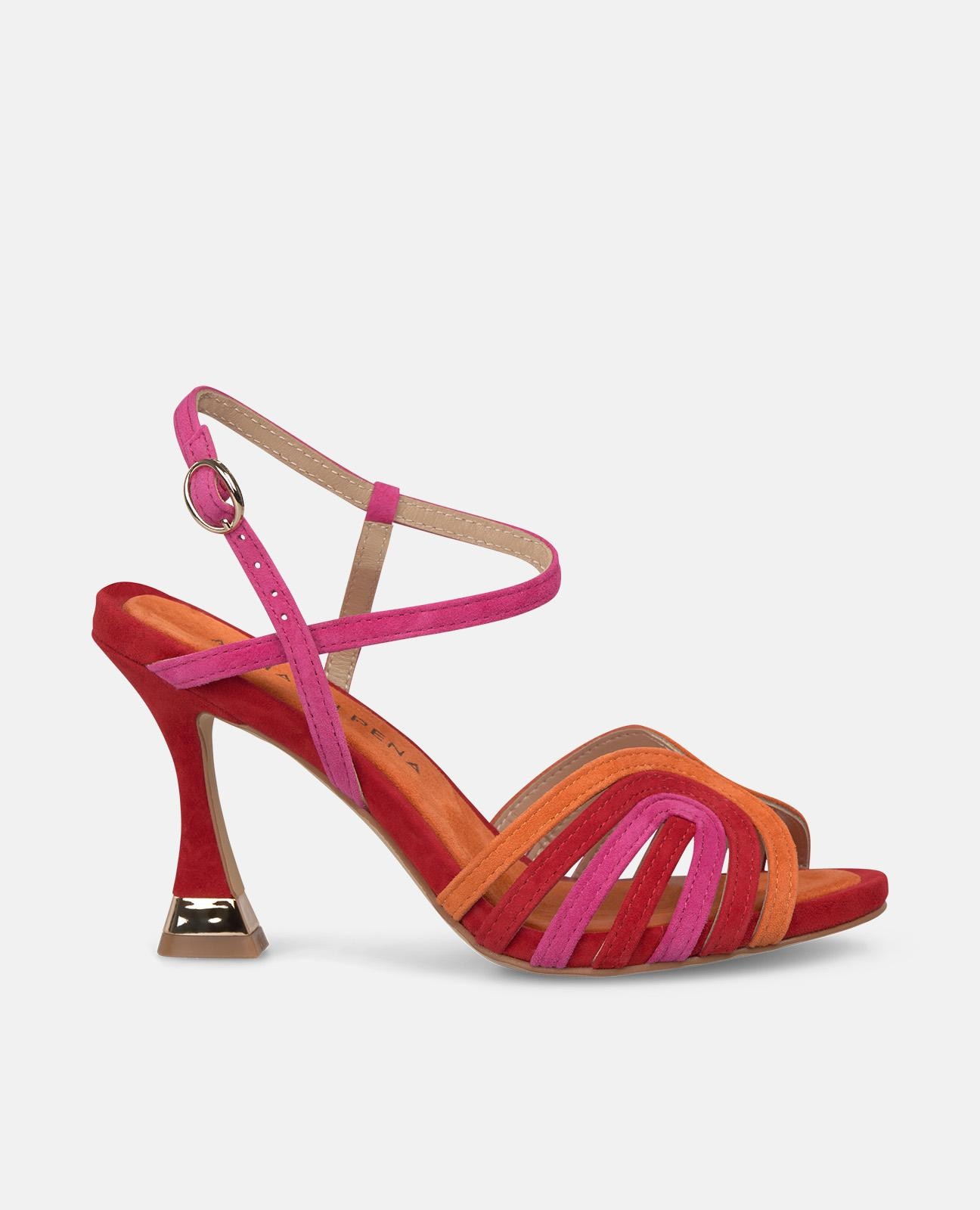Alma en Pena - Sandalias de tacón de mujer con múltiples tiras multicolor y cierre de hebilla.