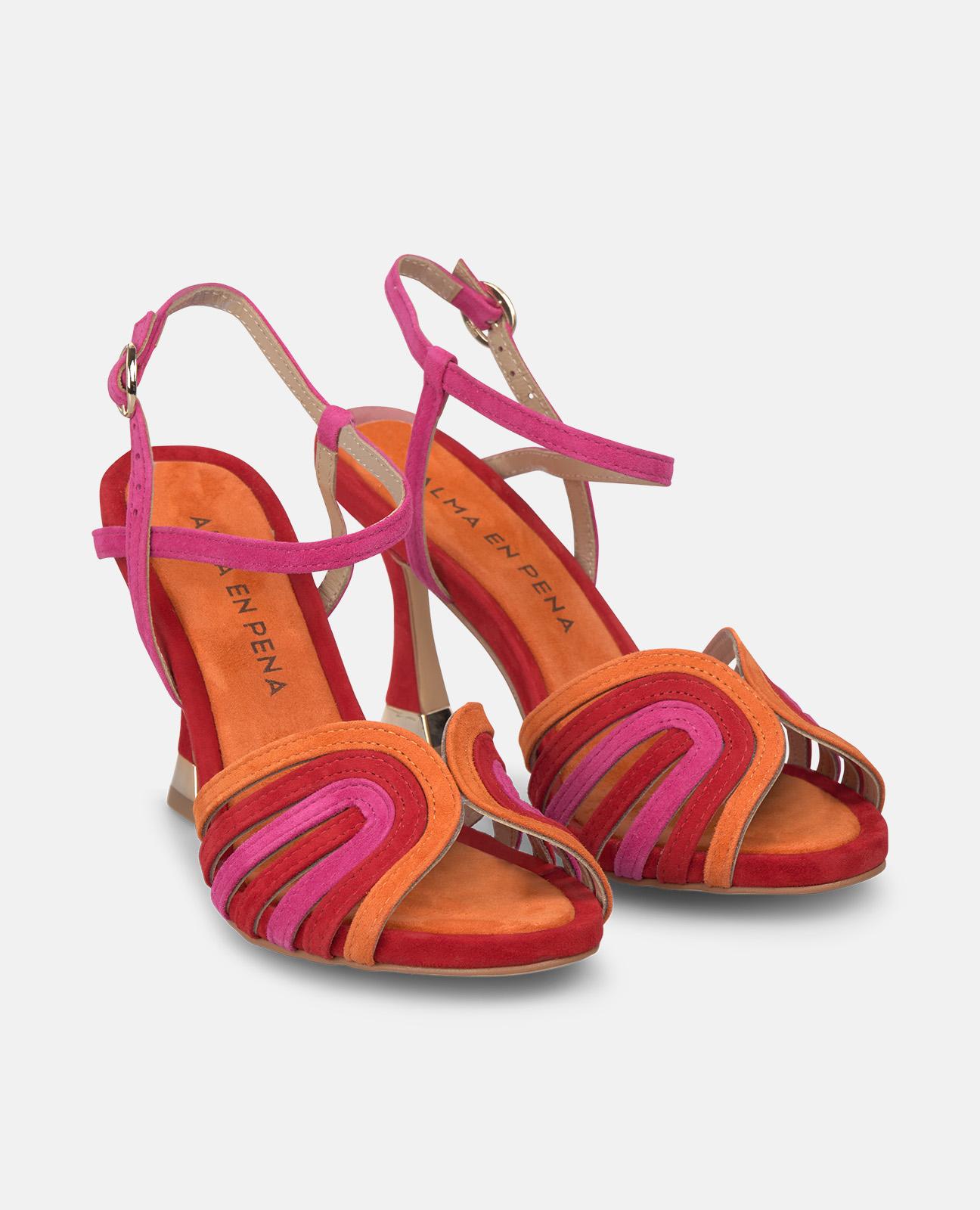 Sandalias de tacón de mujer con múltiples tiras multicolor y cierre de hebilla - Alma en Pena - Rojo Rojo-4