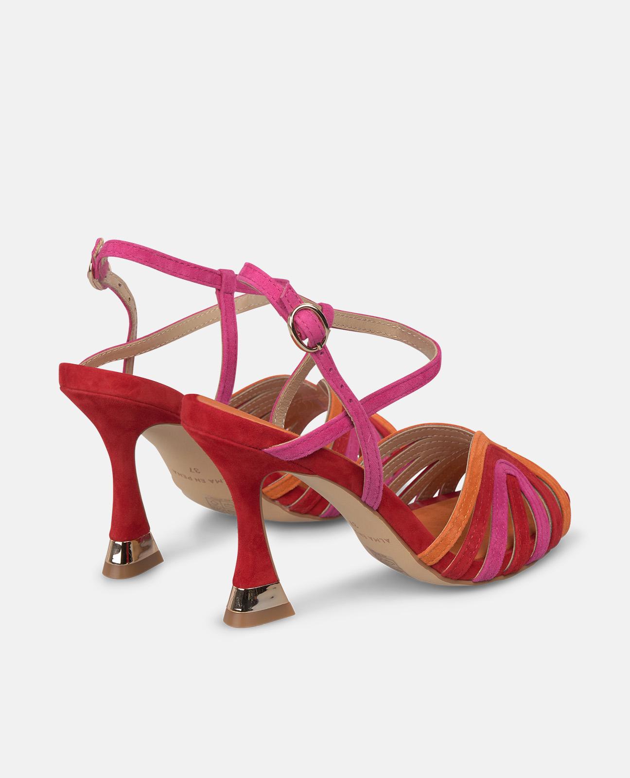 Sandalias de tacón de mujer con múltiples tiras multicolor y cierre de hebilla - Alma en Pena - Rojo Rojo-3
