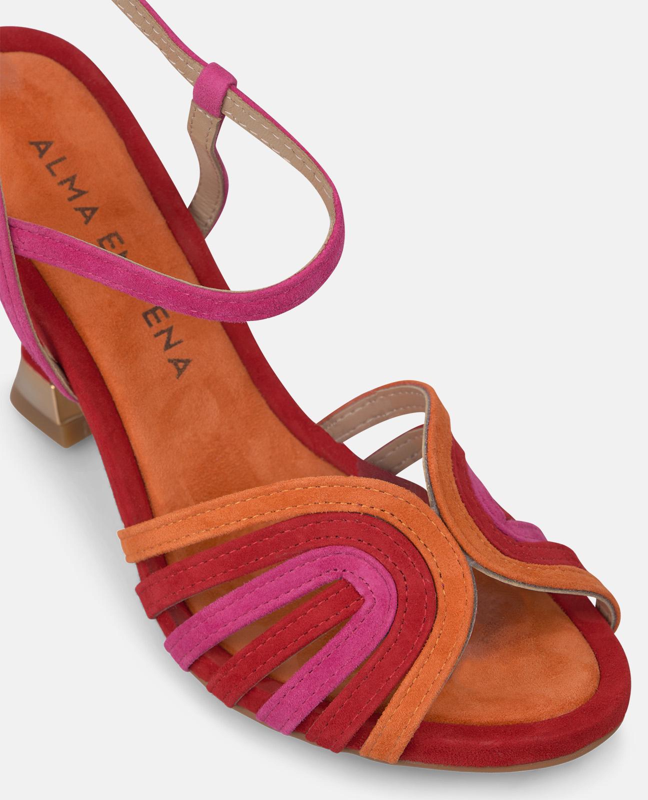 Sandalias de tacón de mujer con múltiples tiras multicolor y cierre de hebilla - Alma en Pena - Rojo Rojo-5