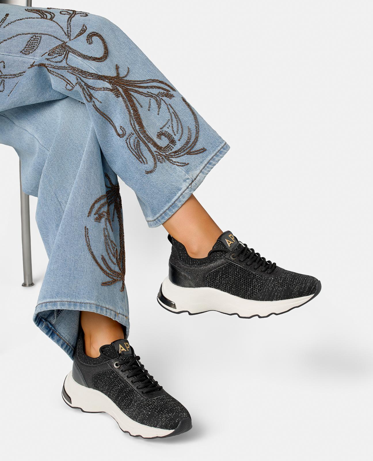 Zapatillas deportivas de mujer de piel con rejilla con tacha de pedrería - Alma en Pena - Negro / Blanco Negro / Blanco-2