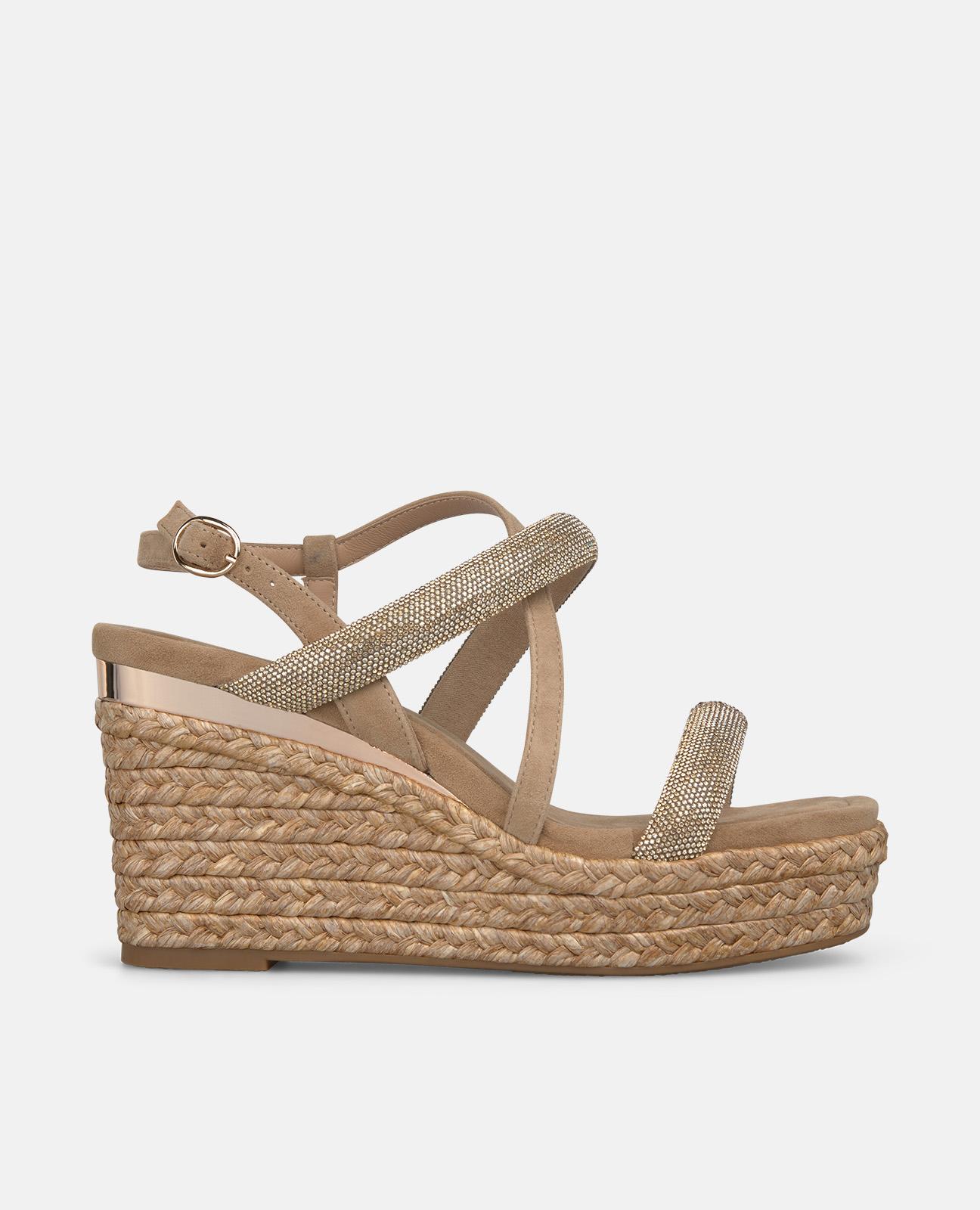 Sandalias de cuña de mujer de esparto en piel con multiples tiras tubulares en la parte frontal - Arena Arena-1