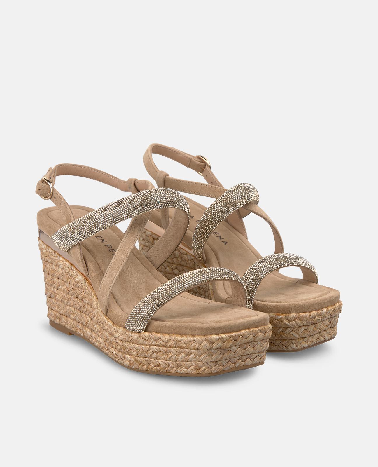 Sandalias de cuña de mujer de esparto en piel con multiples tiras tubulares en la parte frontal - Arena Arena-4