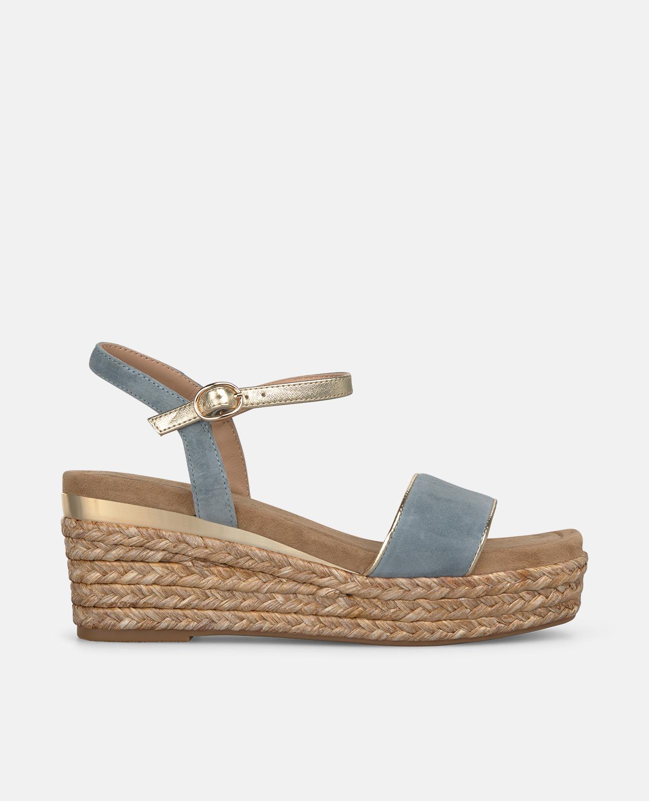 Sandalias de cuña de mujer de esparto con tira ancha en la parte frontal - Azul Azul-1