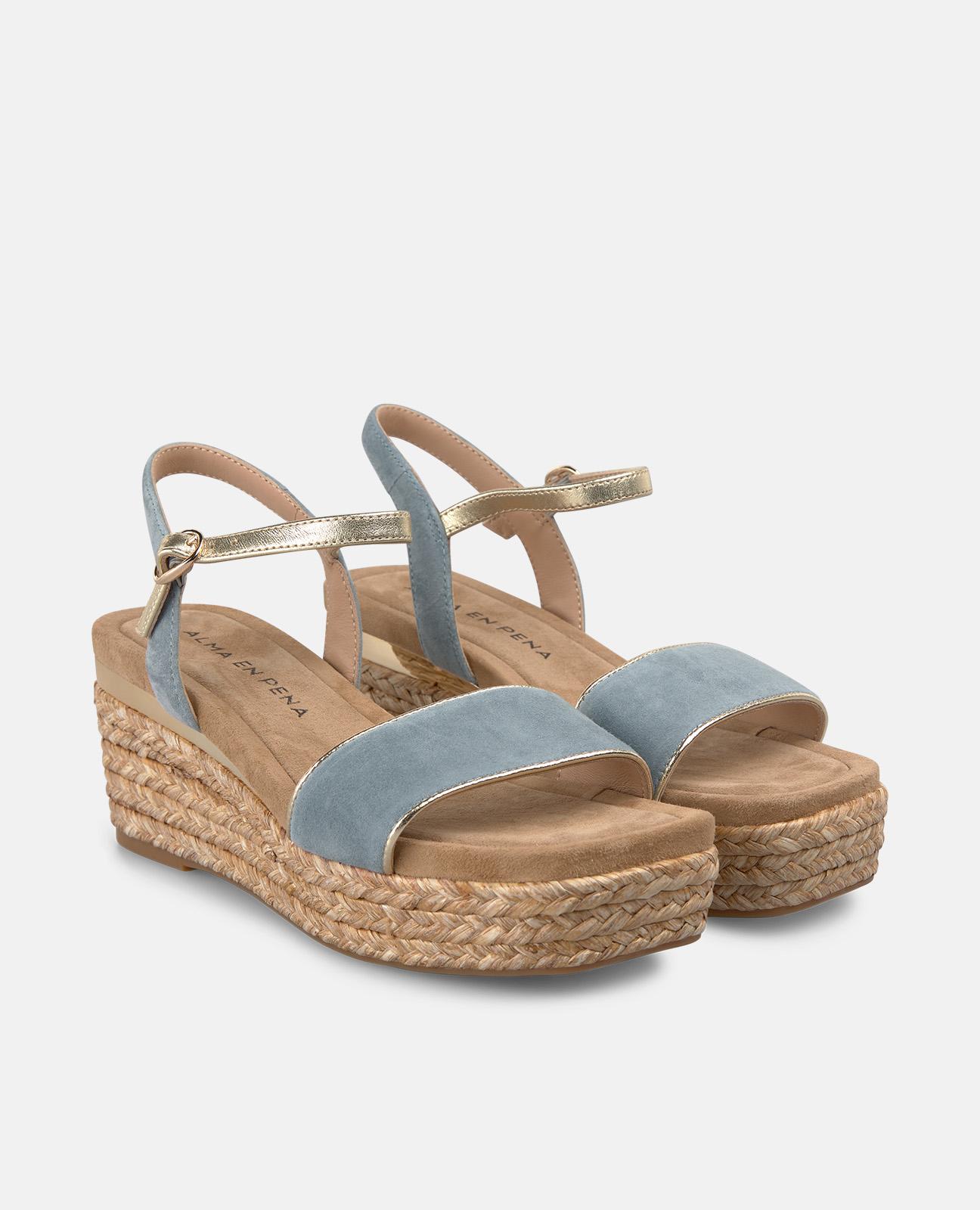 Sandalias de cuña de mujer de esparto con tira ancha en la parte frontal - Azul Azul-4
