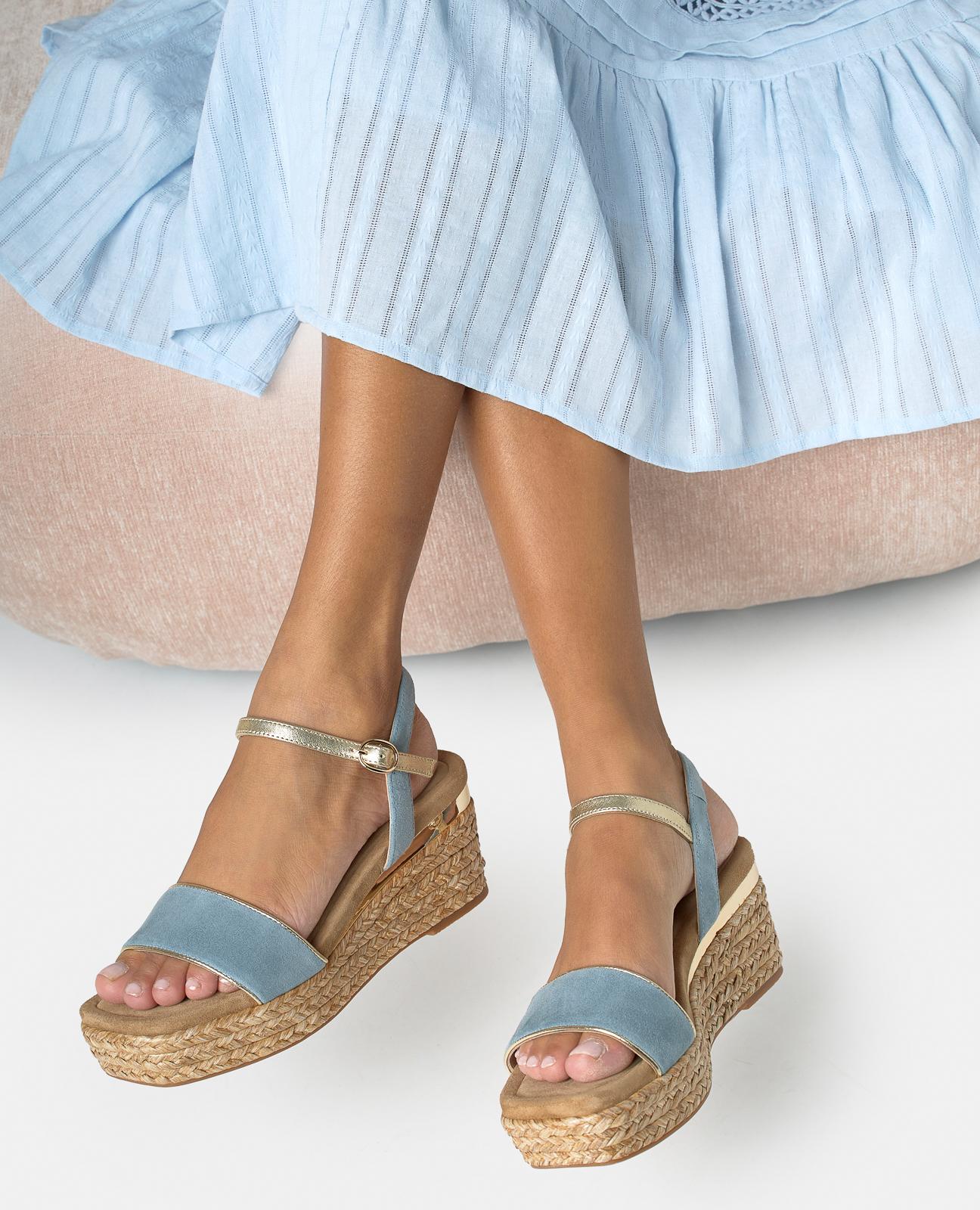 Sandalias de cuña de mujer de esparto con tira ancha en la parte frontal - Azul Azul-2
