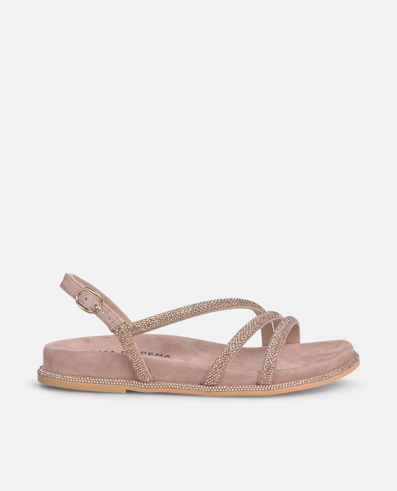 Sandalias planas de mujer en piel con tiras cruzadas con detalle de transfer - Alma en Pena - Rosa claro Rosa claro-1