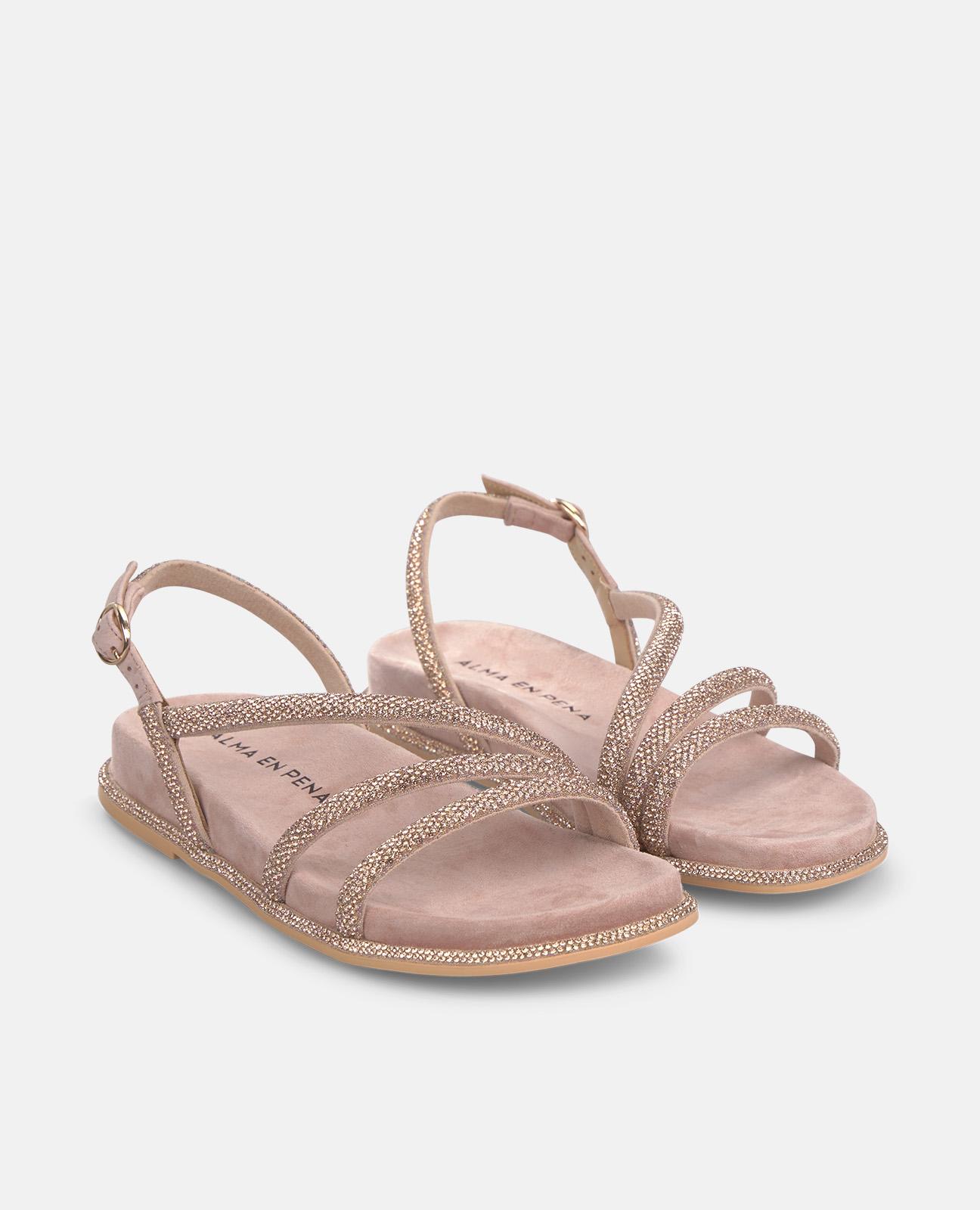 Sandalias planas de mujer en piel con tiras cruzadas con detalle de transfer - Alma en Pena - Rosa claro Rosa claro-4