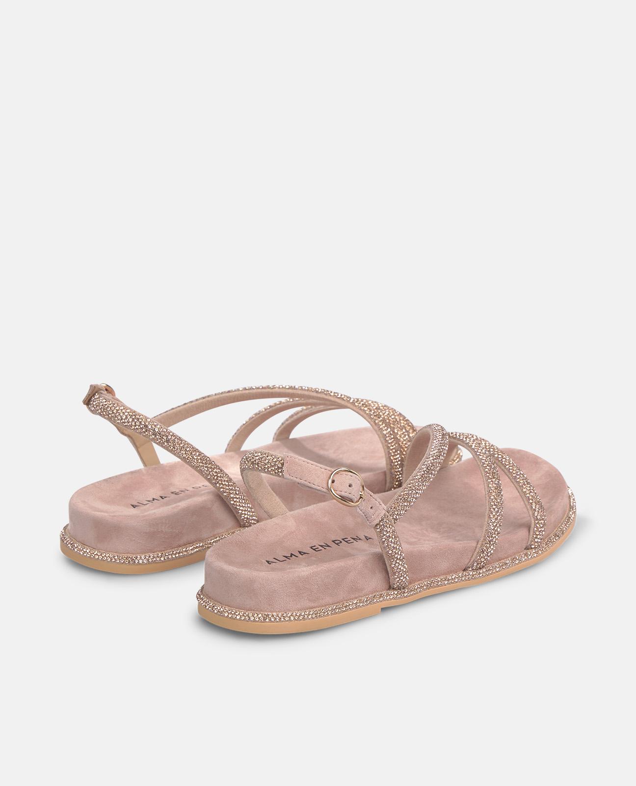 Sandalias planas de mujer en piel con tiras cruzadas con detalle de transfer - Alma en Pena - Rosa claro Rosa claro-3