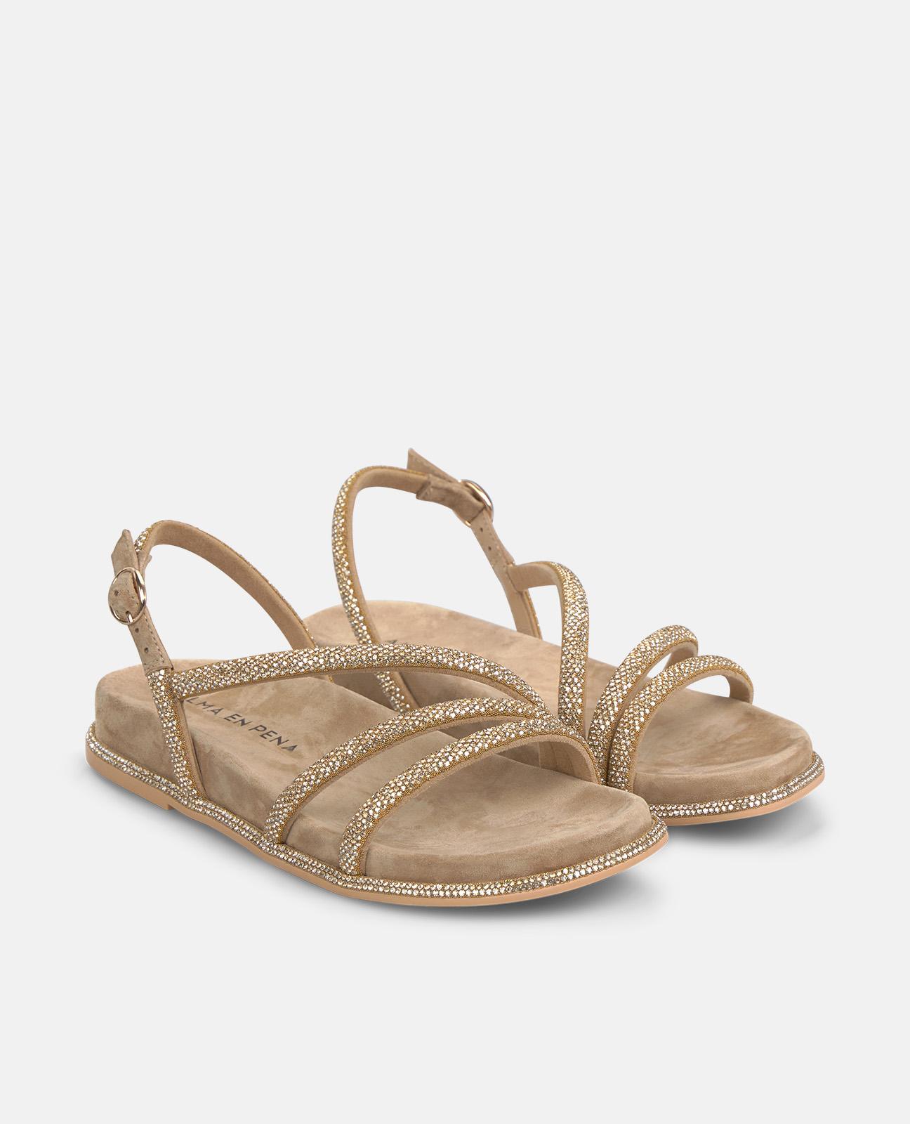 Sandalias planas de mujer en piel con tiras cruzadas con detalle de transfer - Alma en Pena - Arena Arena-4