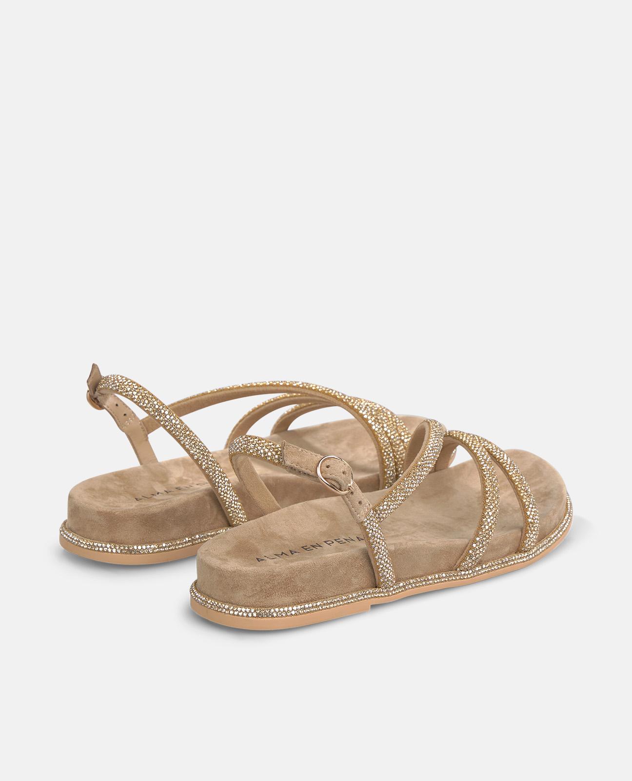 Sandalias planas de mujer en piel con tiras cruzadas con detalle de transfer - Alma en Pena - Arena Arena-3