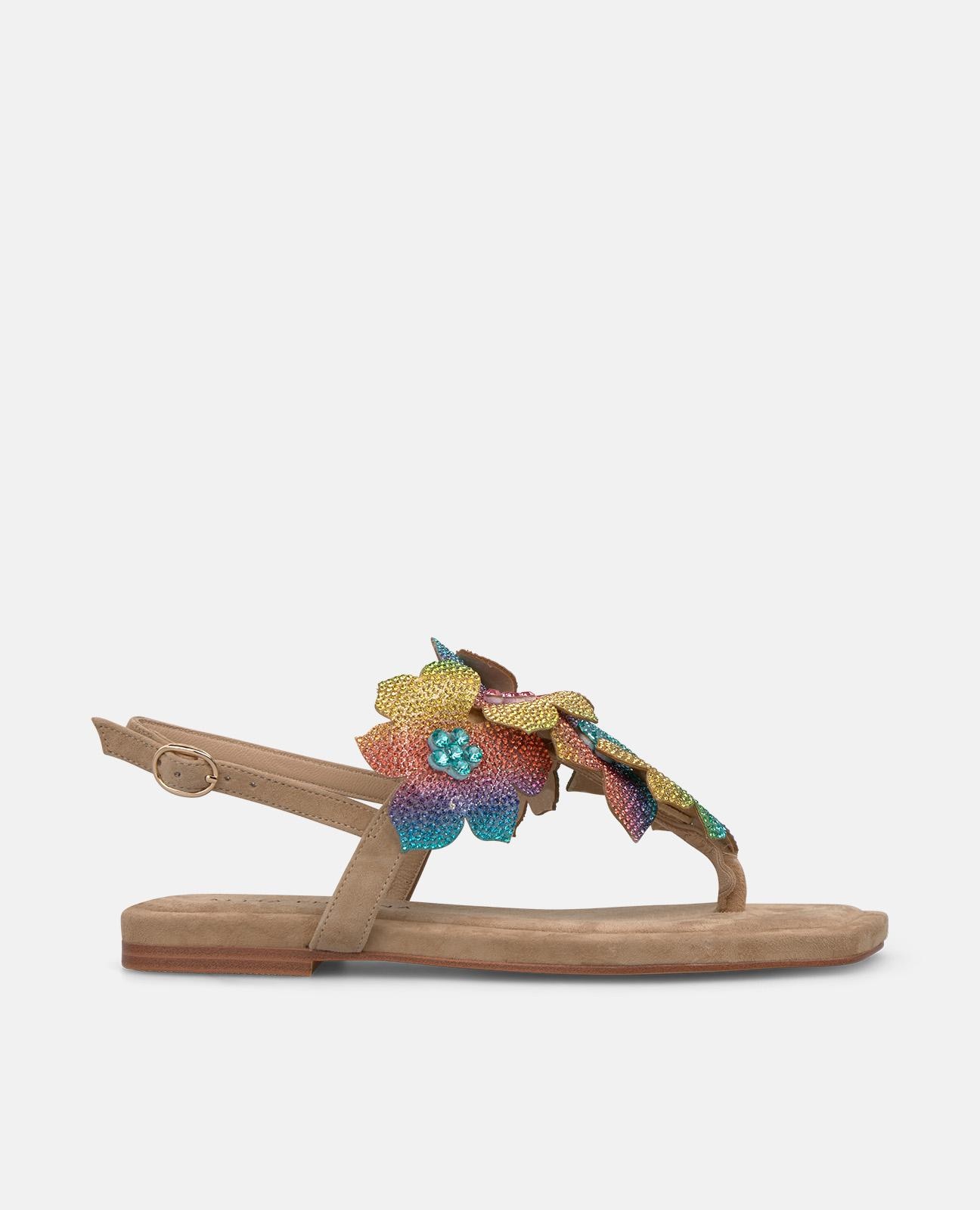 Alma en Pena - Sandalias de dedo de mujer con tira en t con adornos florales y cierre de hebilla.