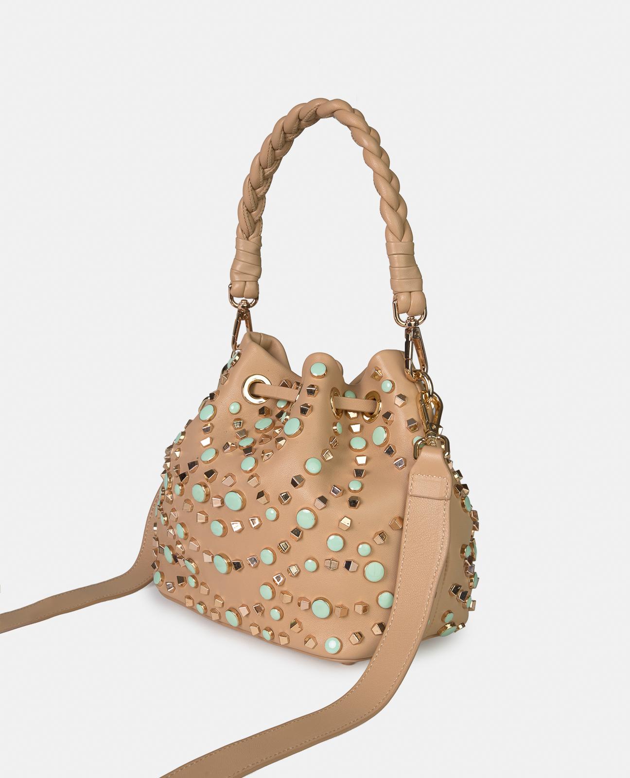 Bolso de mano estilo bombonera de piel con tachuelas y correa bandolera ajustable - Alma en Pena - Camel Camel-4