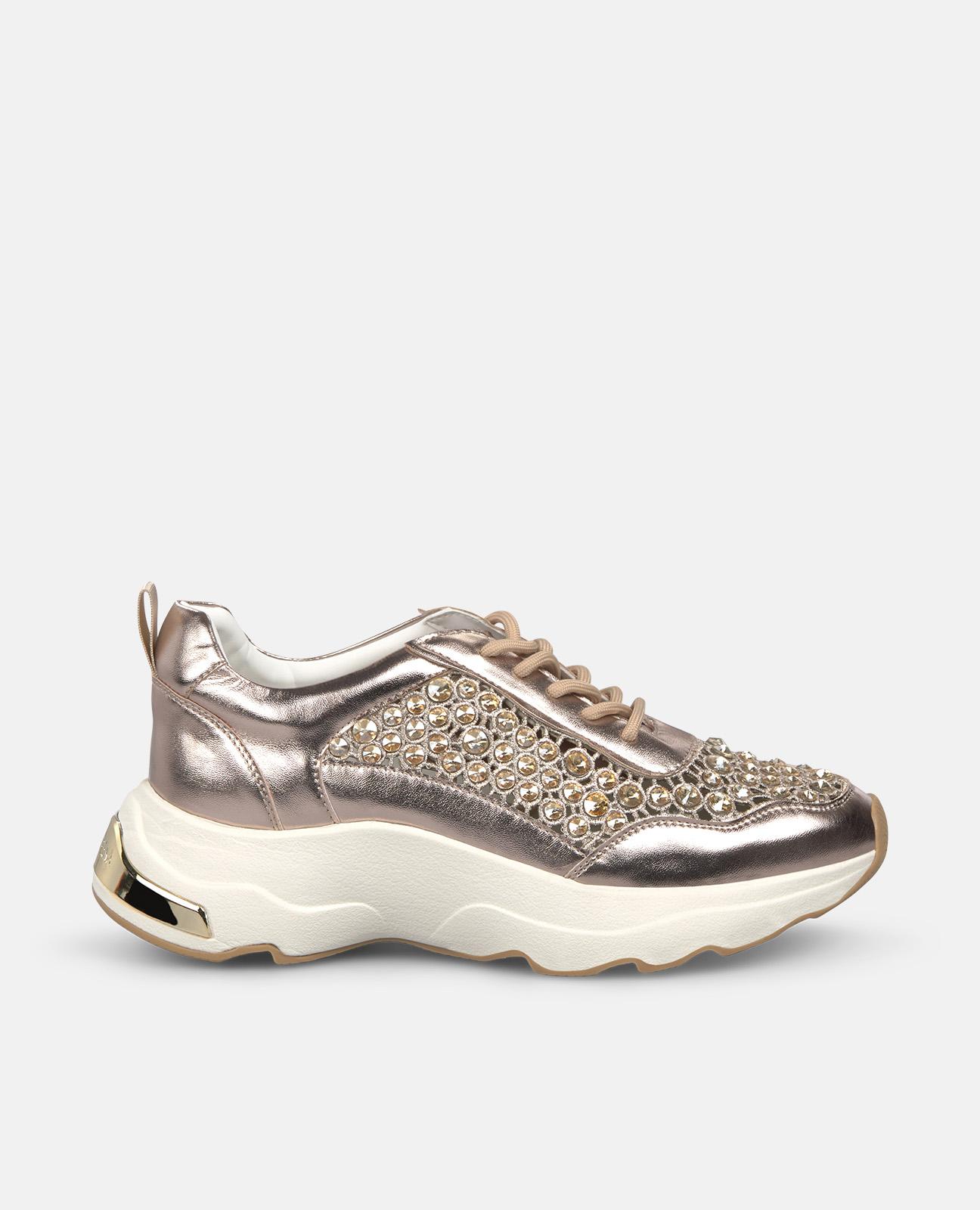 Zapatillas deportivas de mujer de piel efecto metlizado y rejilla de pedrería - Alma en Pena - Oro Oro-1